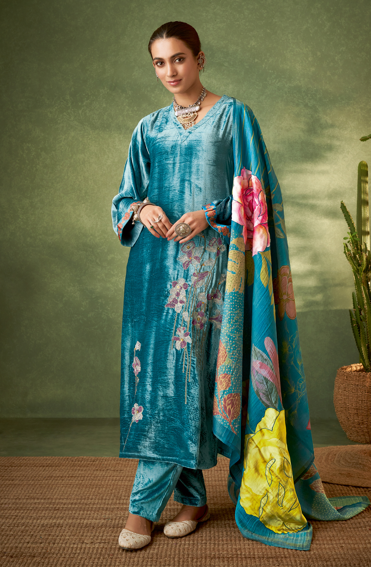 Firozi Designer Velvet Salwar Kameez with Embellished Work - GUL320