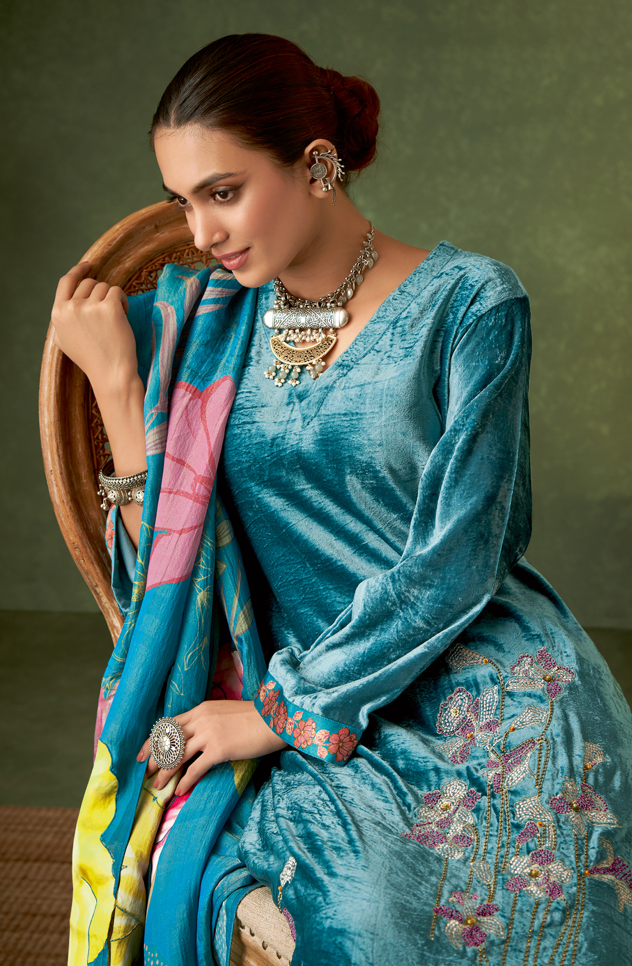 Firozi Designer Velvet Salwar Kameez with Embellished Work - GUL320
