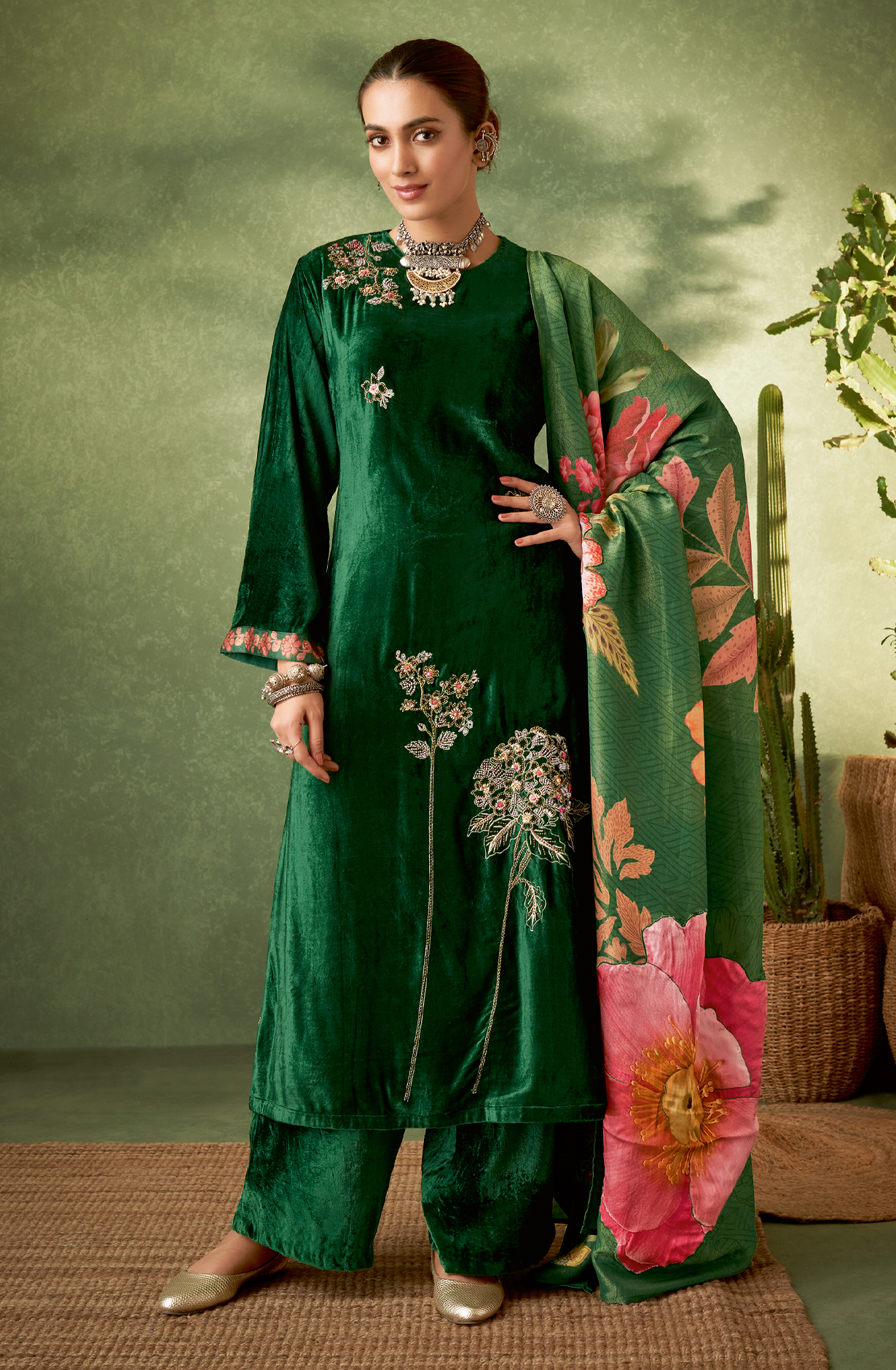 Bottle Green Designer Velvet Salwar Kameez with Embellished Work - GUL325