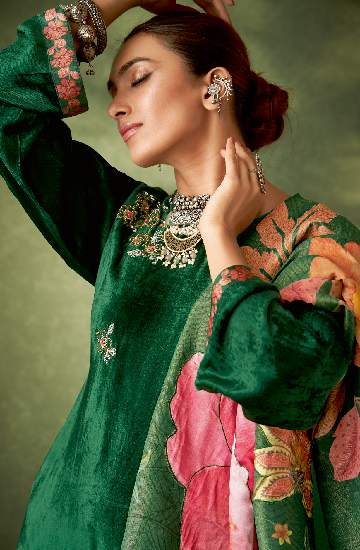 Bottle Green Designer Velvet Salwar Kameez with Embellished Work - GUL325