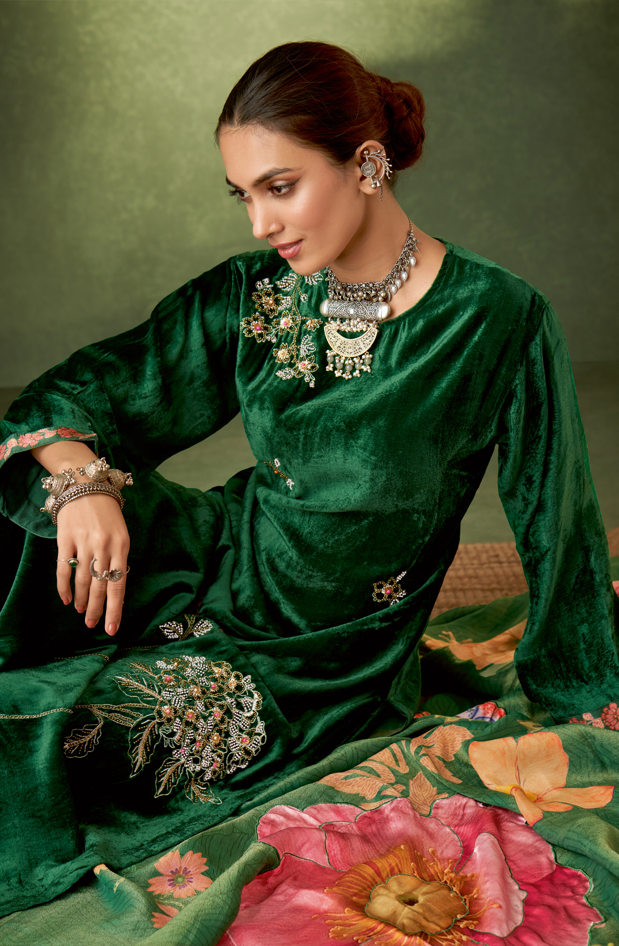 Bottle Green Designer Velvet Salwar Kameez with Embellished Work - GUL325