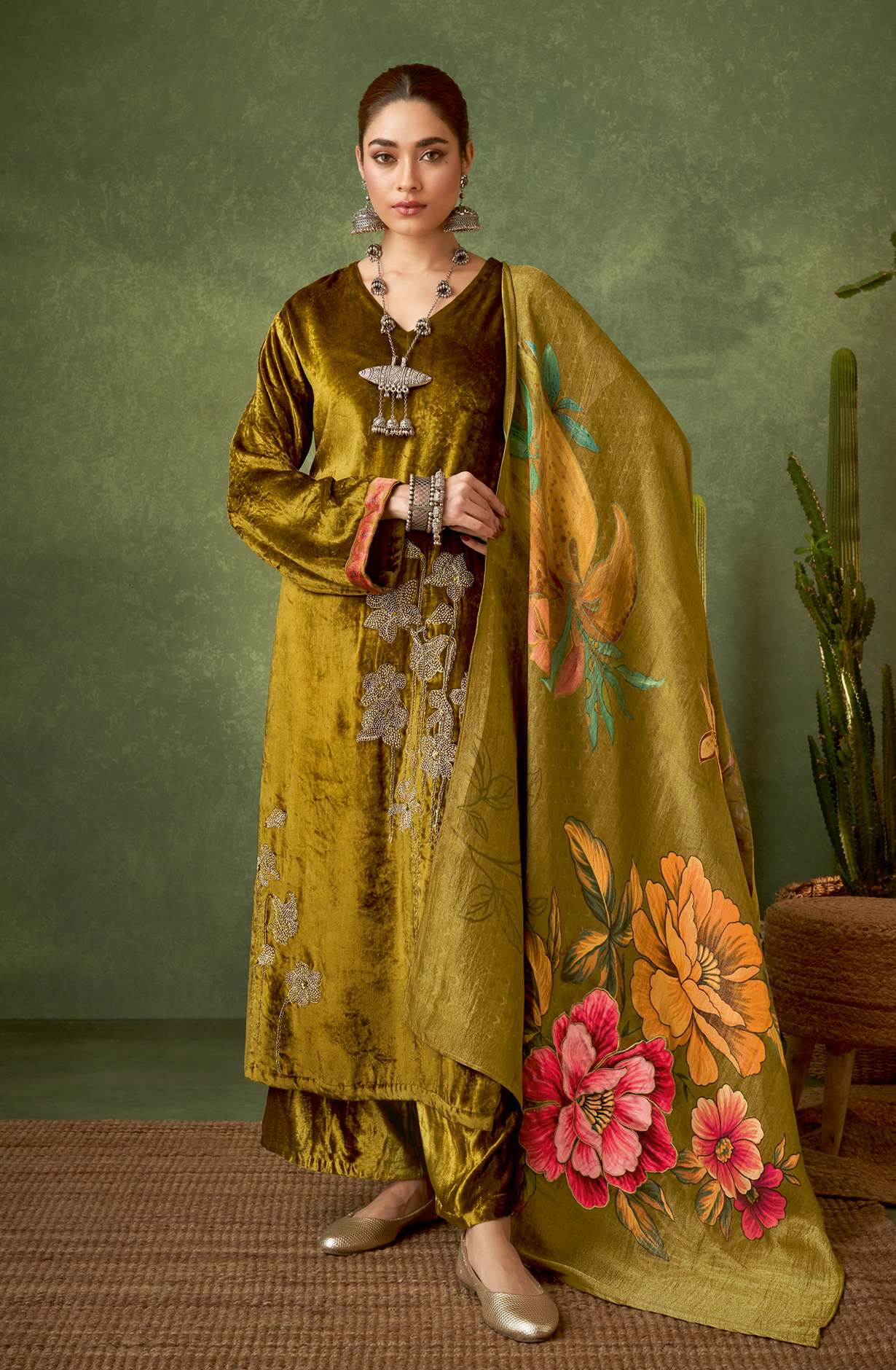 Mehndi Green Designer Velvet Salwar Kameez with Embellished Work - GUL328
