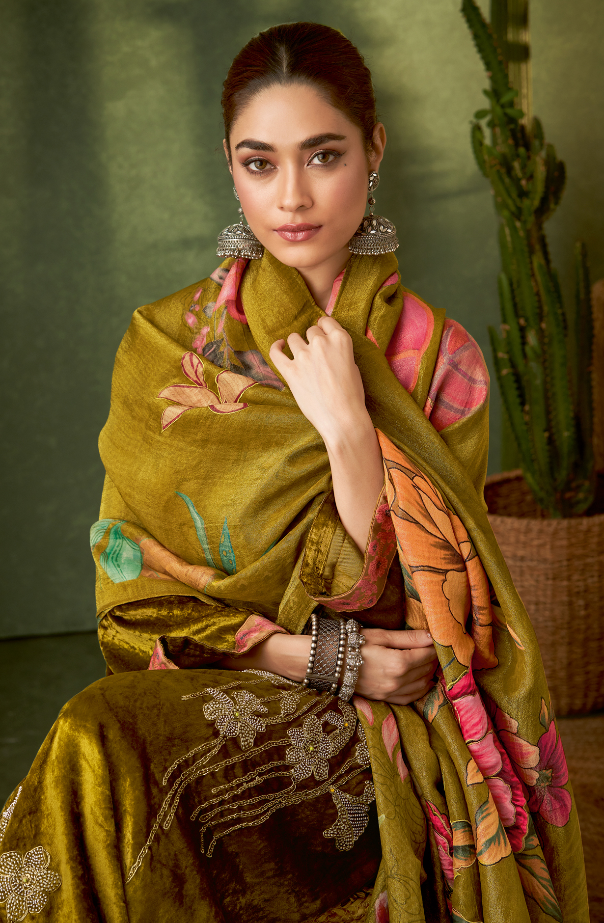 Mehndi Green Designer Velvet Salwar Kameez with Embellished Work - GUL328