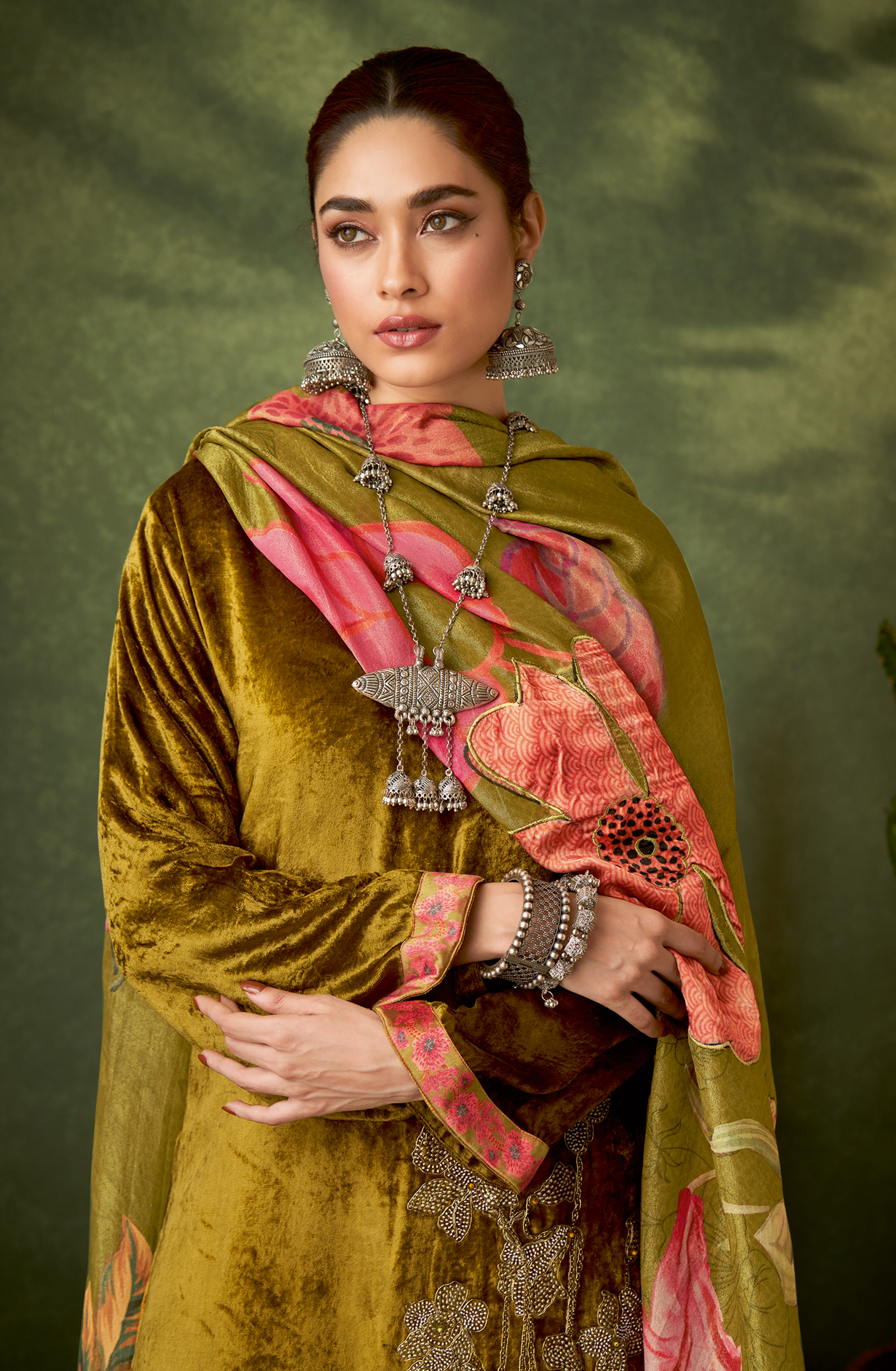 Mehndi Green Designer Velvet Salwar Kameez with Embellished Work - GUL328