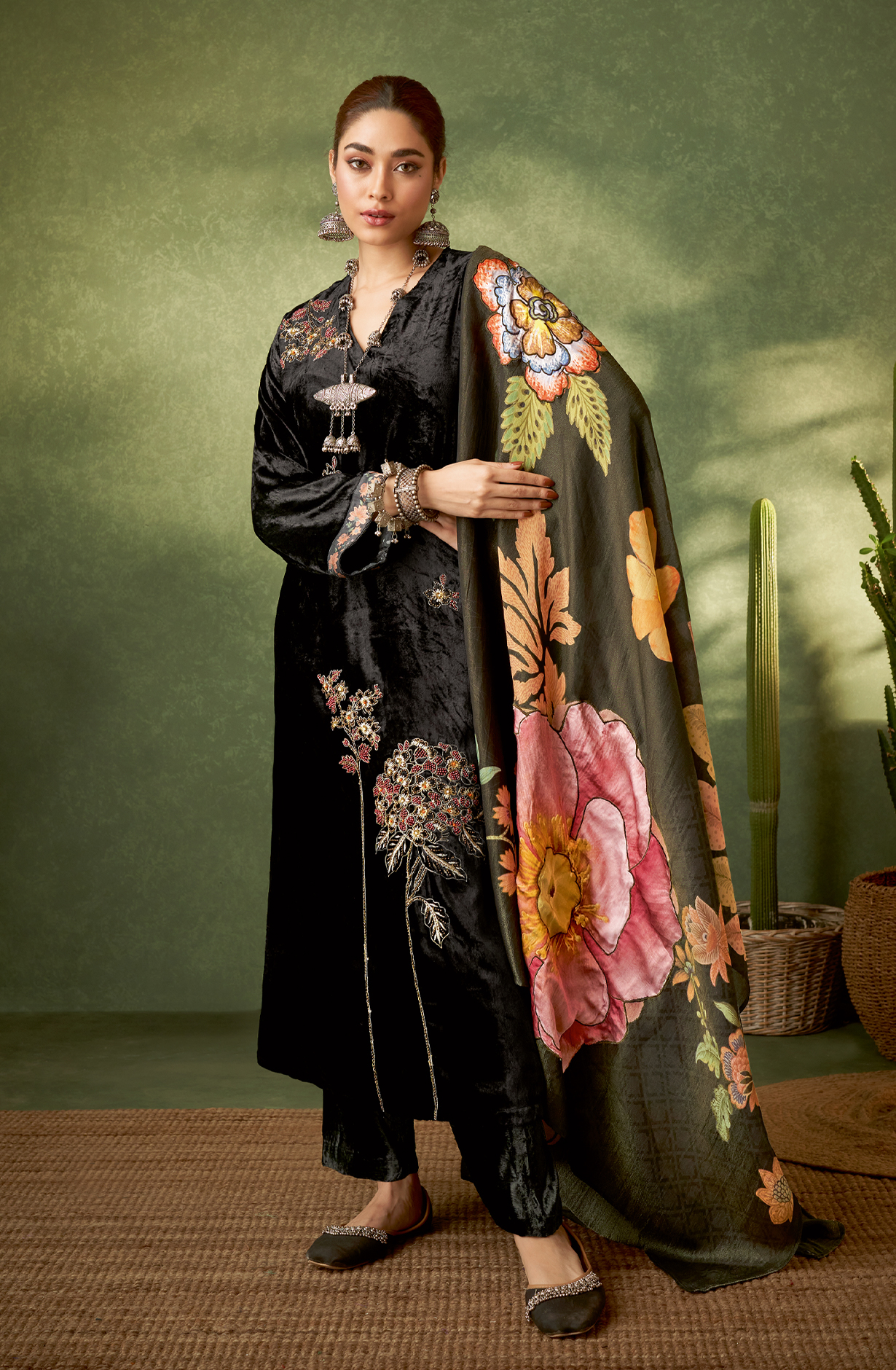 Black Designer Velvet Salwar Kameez with Embellished Work - GUL352