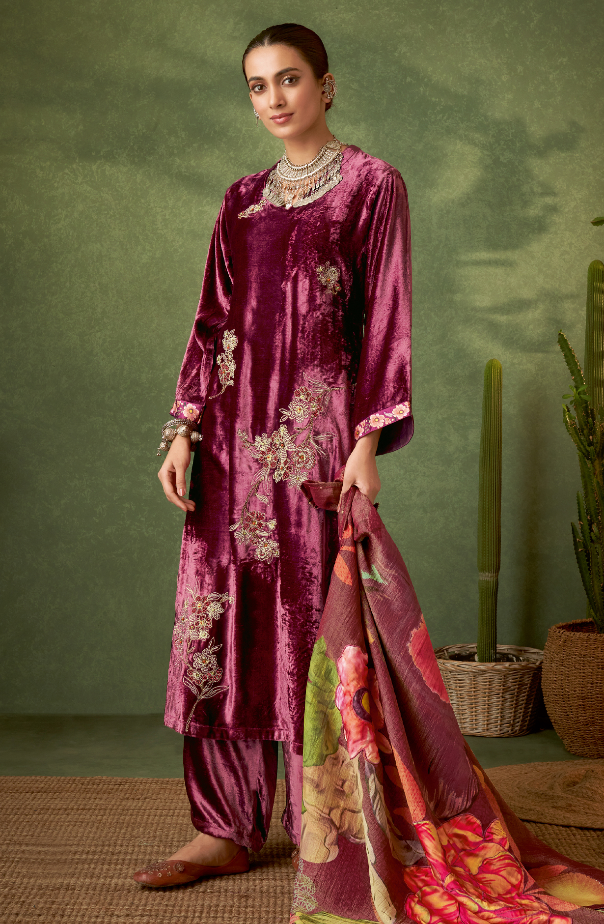 Magenta Designer Velvet Salwar Kameez with Embellished Work - GUL365