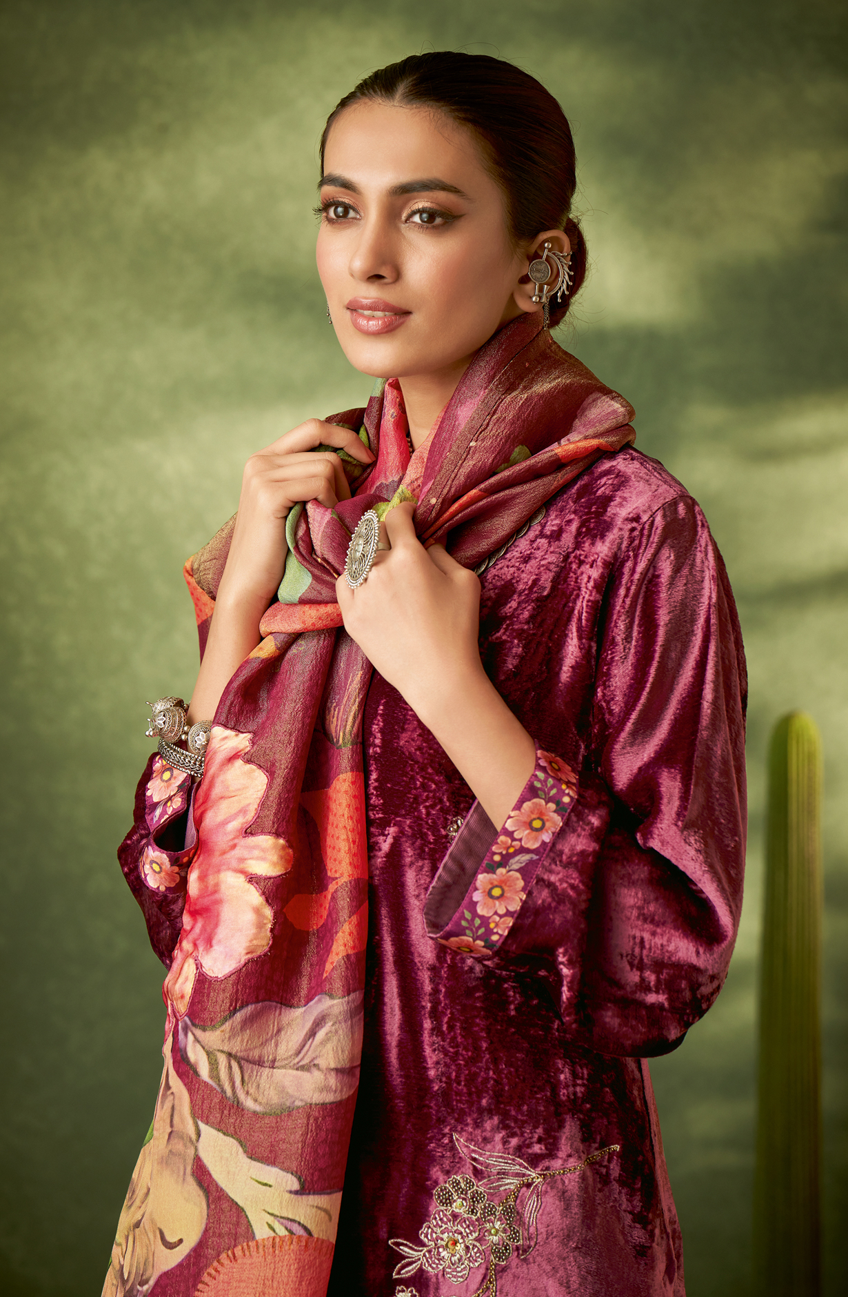 Magenta Designer Velvet Salwar Kameez with Embellished Work - GUL365