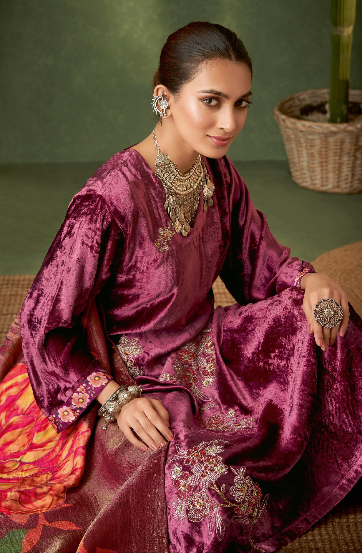 Magenta Designer Velvet Salwar Kameez with Embellished Work - GUL365