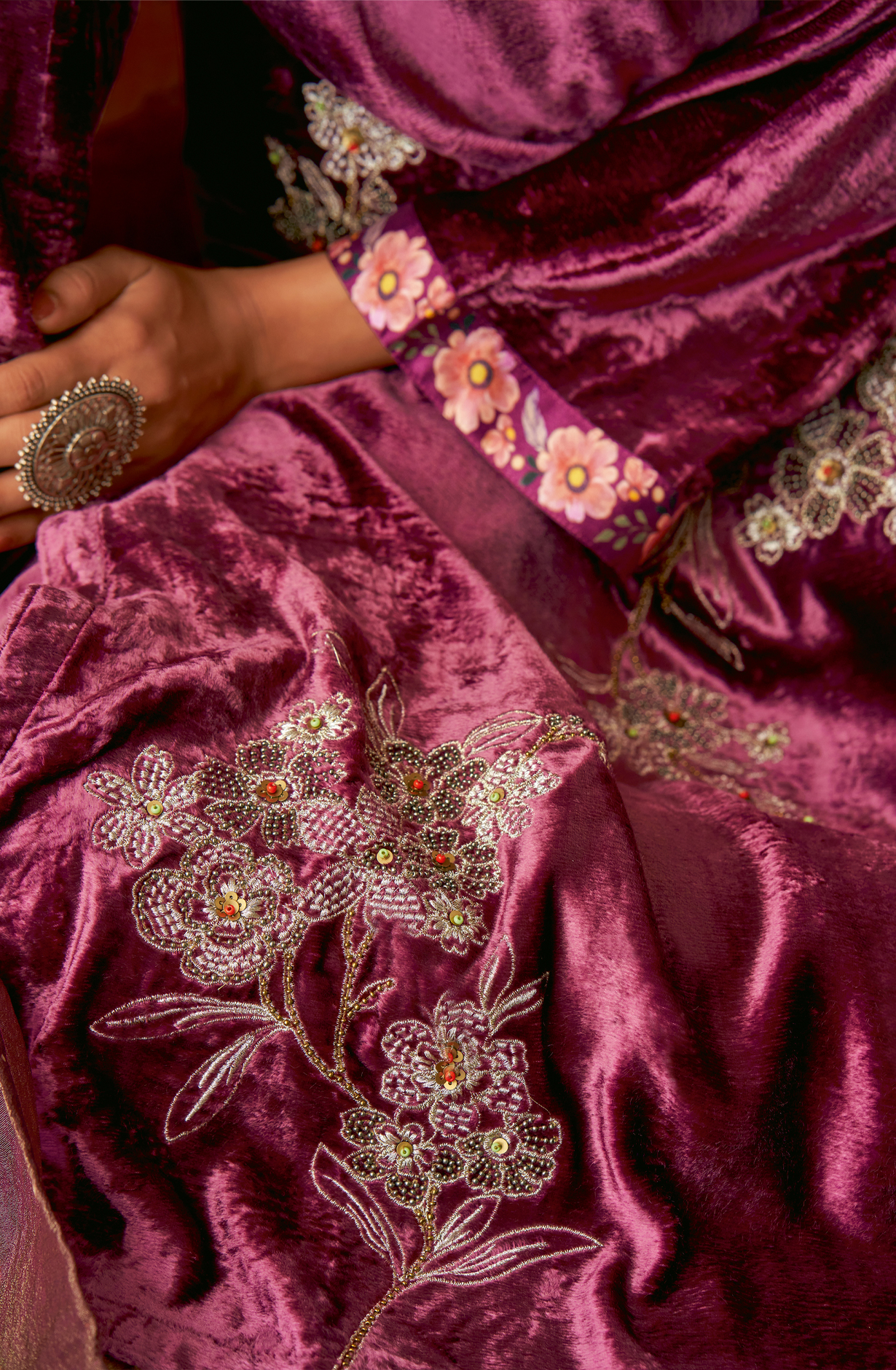 Magenta Designer Velvet Salwar Kameez with Embellished Work - GUL365