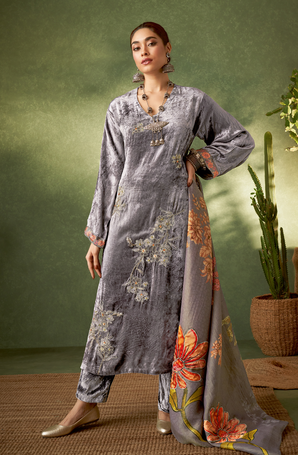 Grey Designer Velvet Salwar Kameez with Embellished Work - GUL398