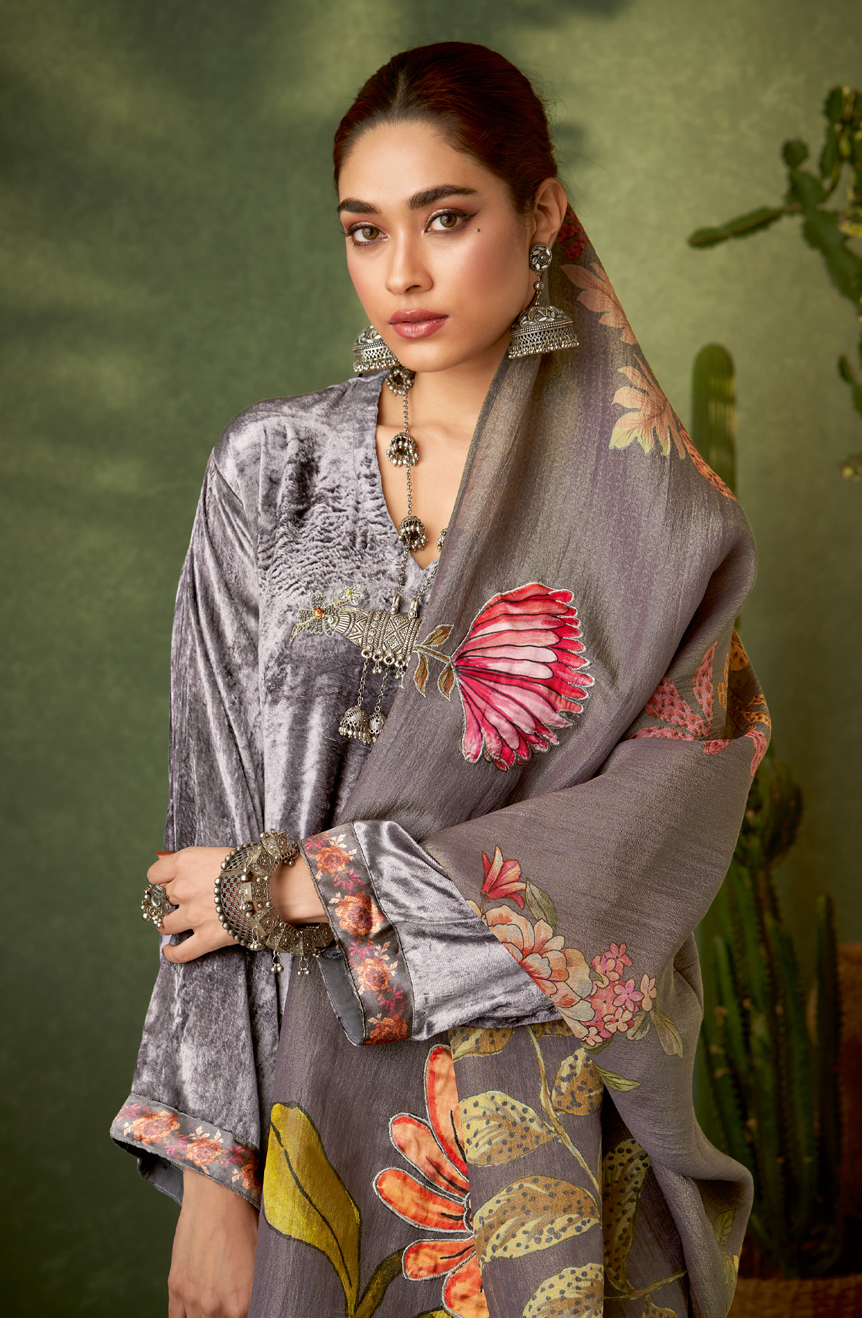 Grey Designer Velvet Salwar Kameez with Embellished Work - GUL398