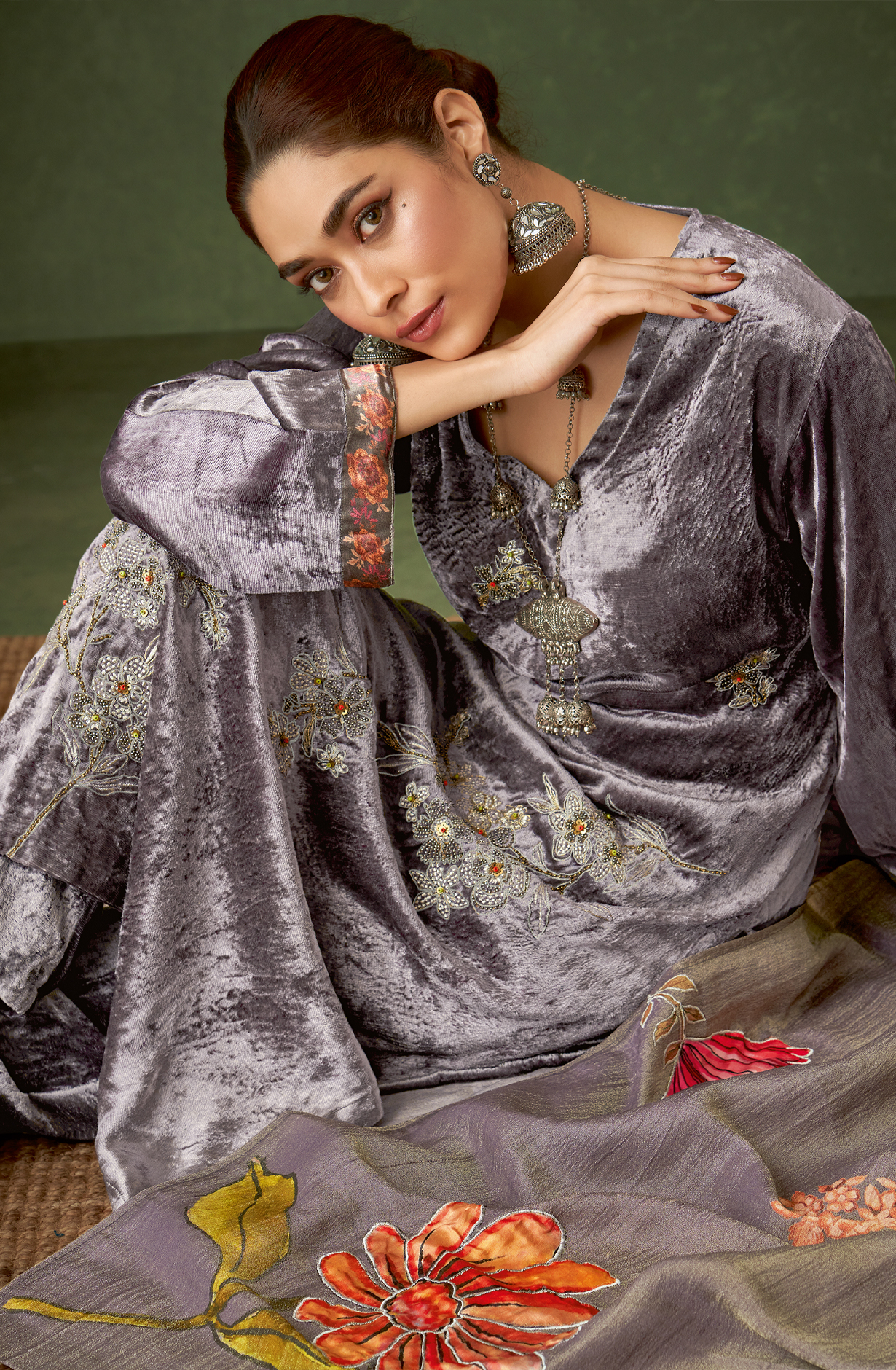 Grey Designer Velvet Salwar Kameez with Embellished Work - GUL398