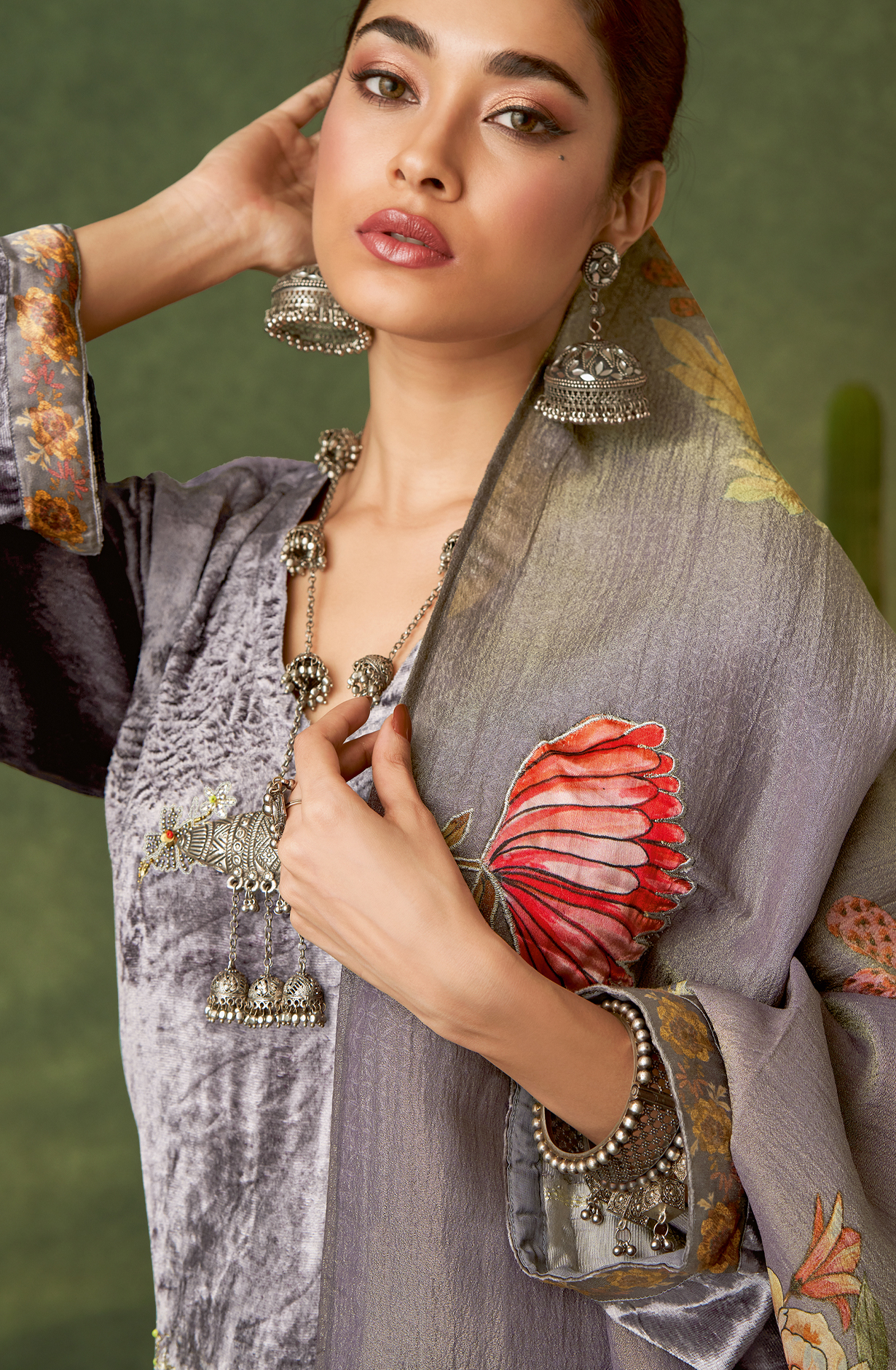 Grey Designer Velvet Salwar Kameez with Embellished Work - GUL398
