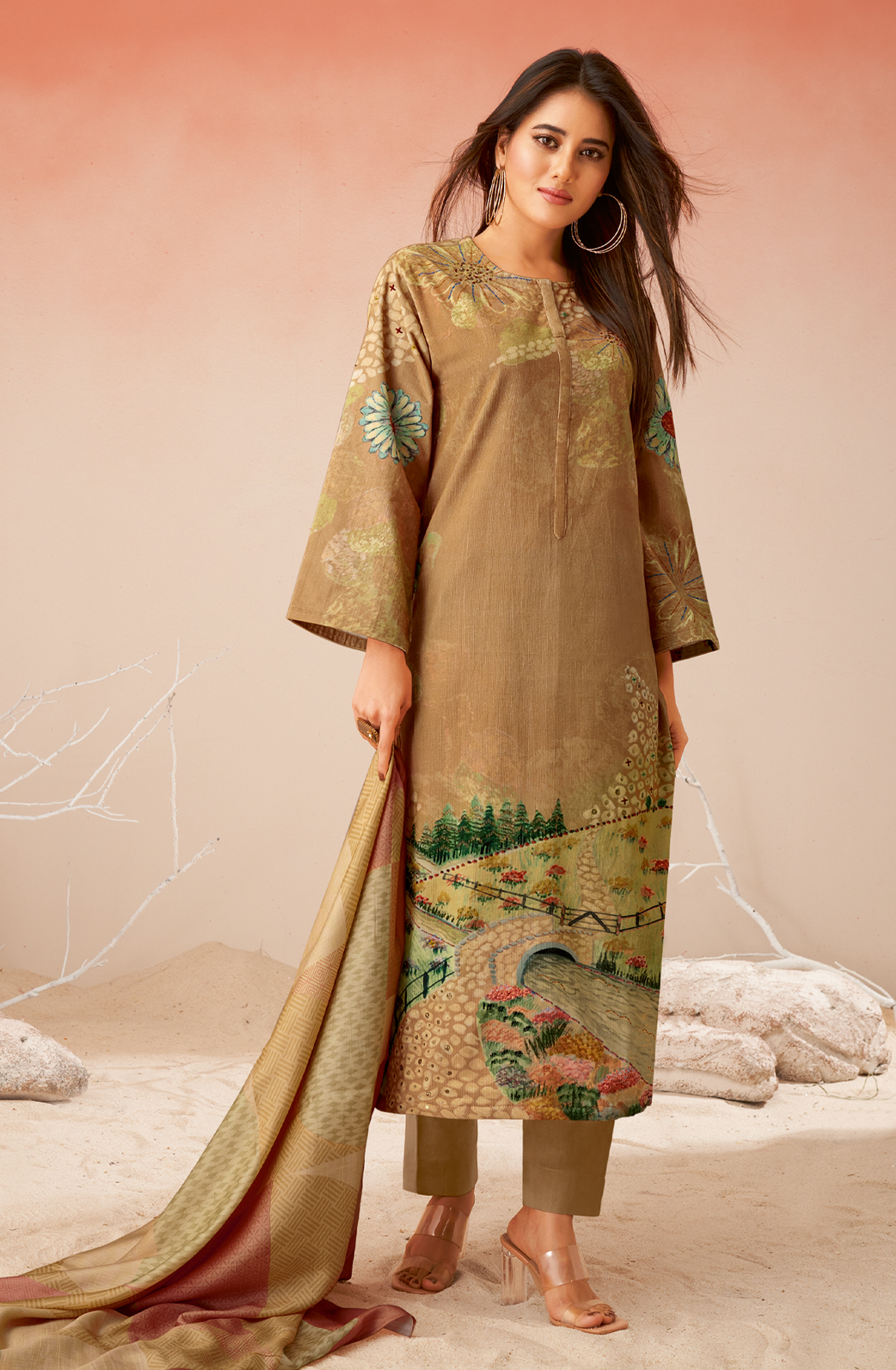 Brown Cotton Corduroy Beautiful Printed Salwar Kameez - GULD612