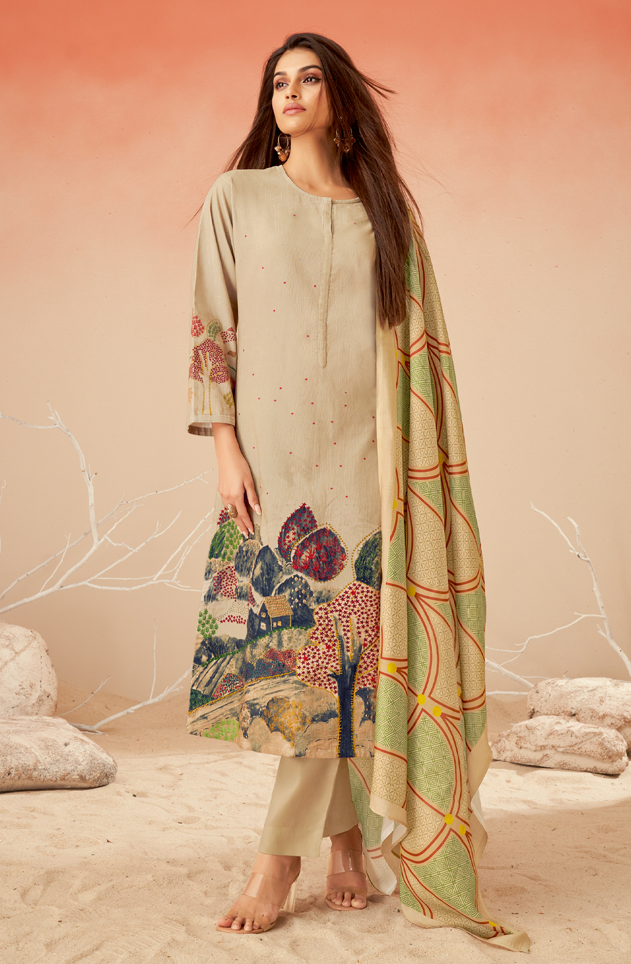 Beige Cotton Corduroy Beautiful Printed Salwar Kameez - GULD618