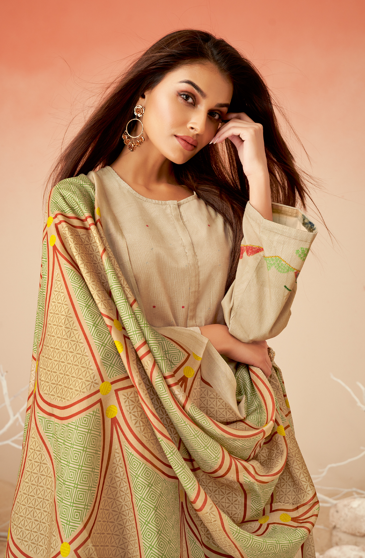 Beige Cotton Corduroy Beautiful Printed Salwar Kameez - GULD618