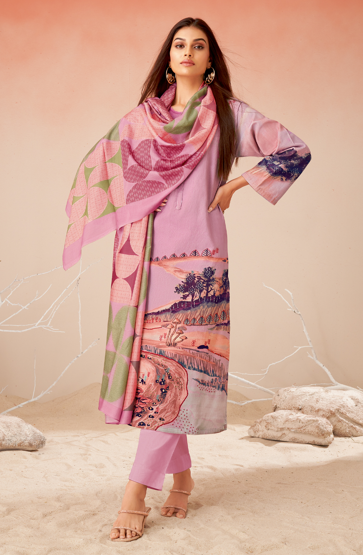 Lavender Cotton Corduroy Beautiful Printed Salwar Kameez - GULD643