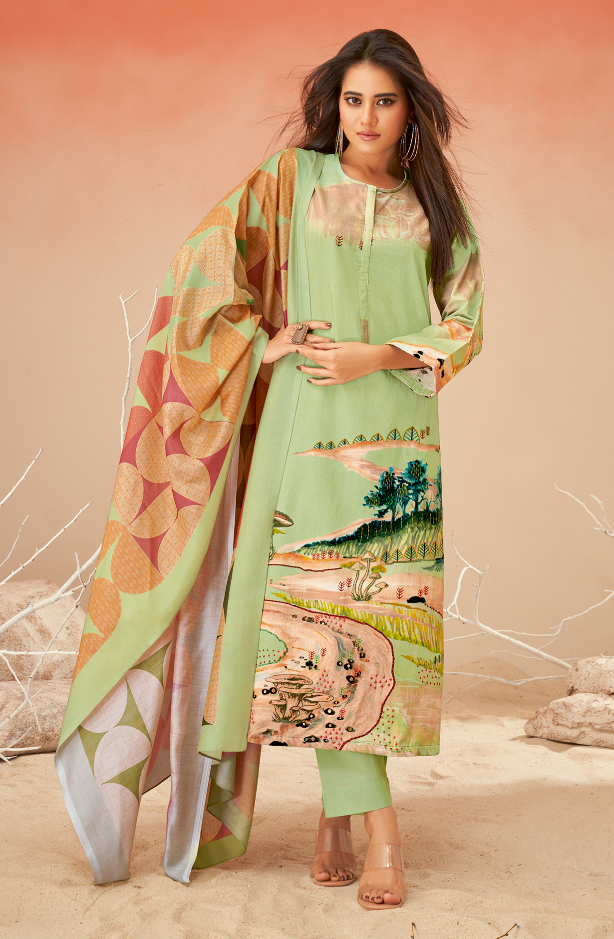 Pista Green Cotton Corduroy Beautiful Printed Salwar Kameez - GULD647