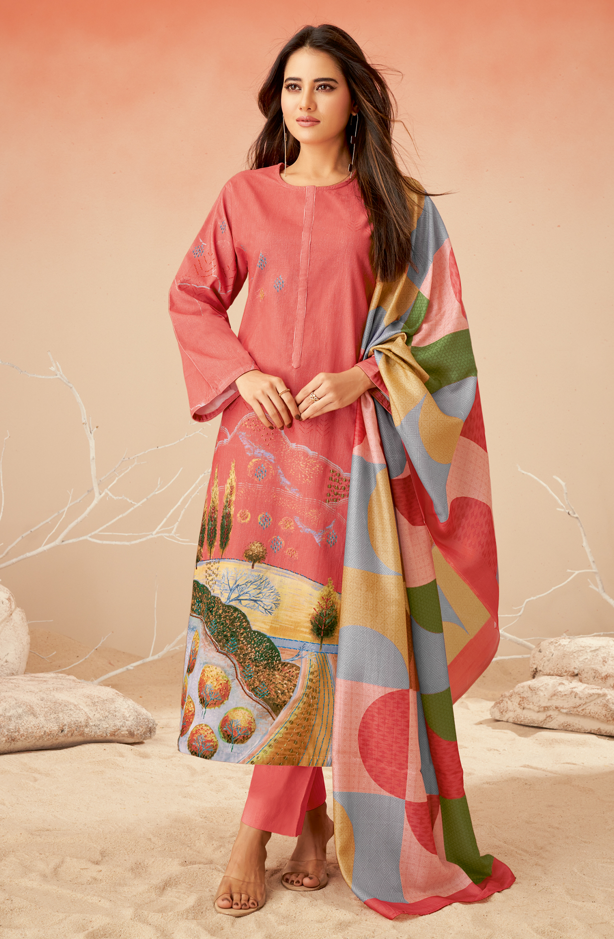 Peach Cotton Corduroy Beautiful Printed Salwar Kameez - GULD661