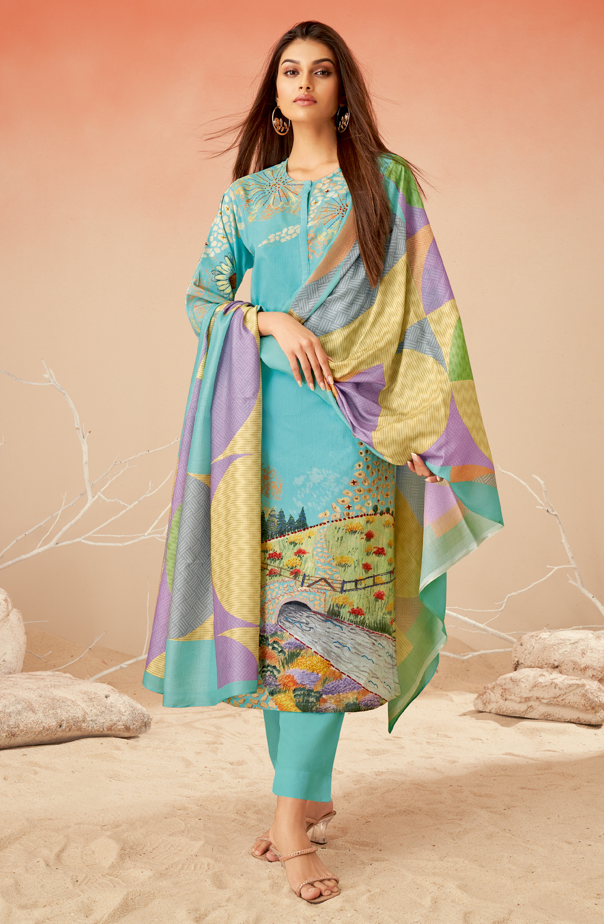 Turquoise Cotton Corduroy Beautiful Printed Salwar Kameez - GULD671