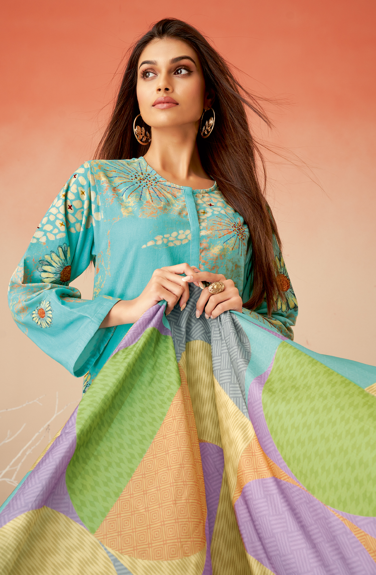 Turquoise Cotton Corduroy Beautiful Printed Salwar Kameez - GULD671