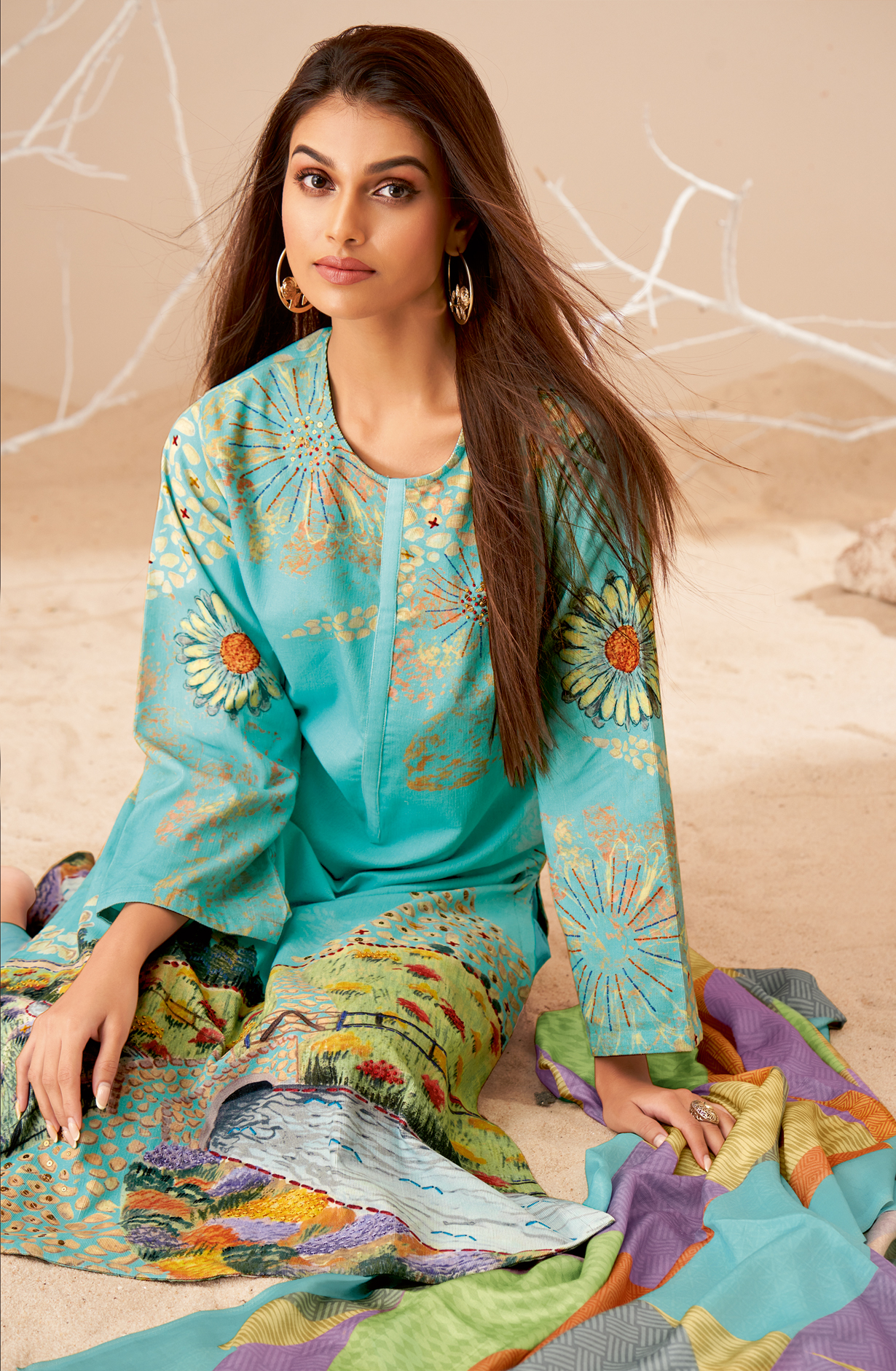 Turquoise Cotton Corduroy Beautiful Printed Salwar Kameez - GULD671