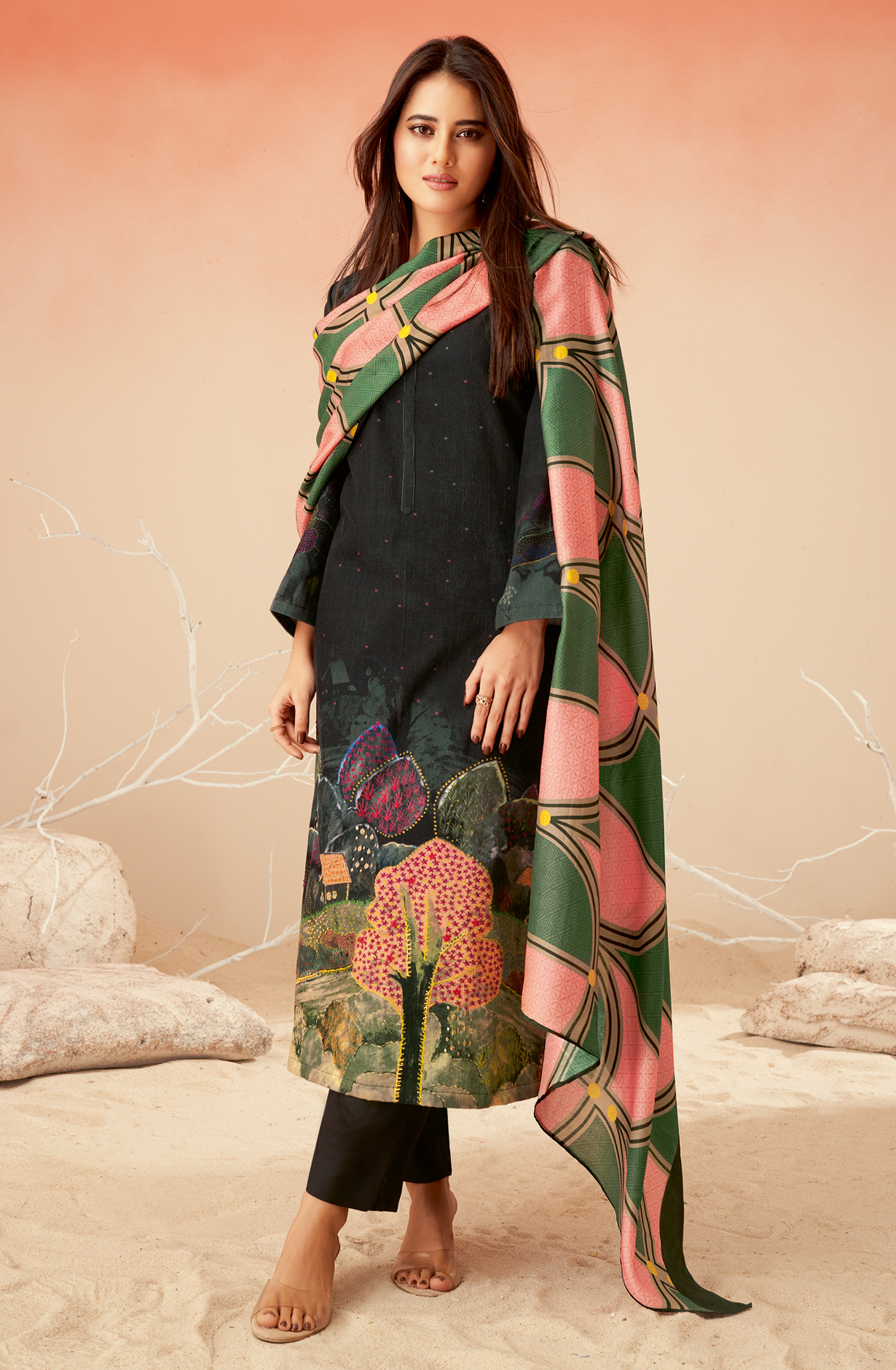 Black Cotton Corduroy Beautiful Printed Salwar Kameez - GULD678
