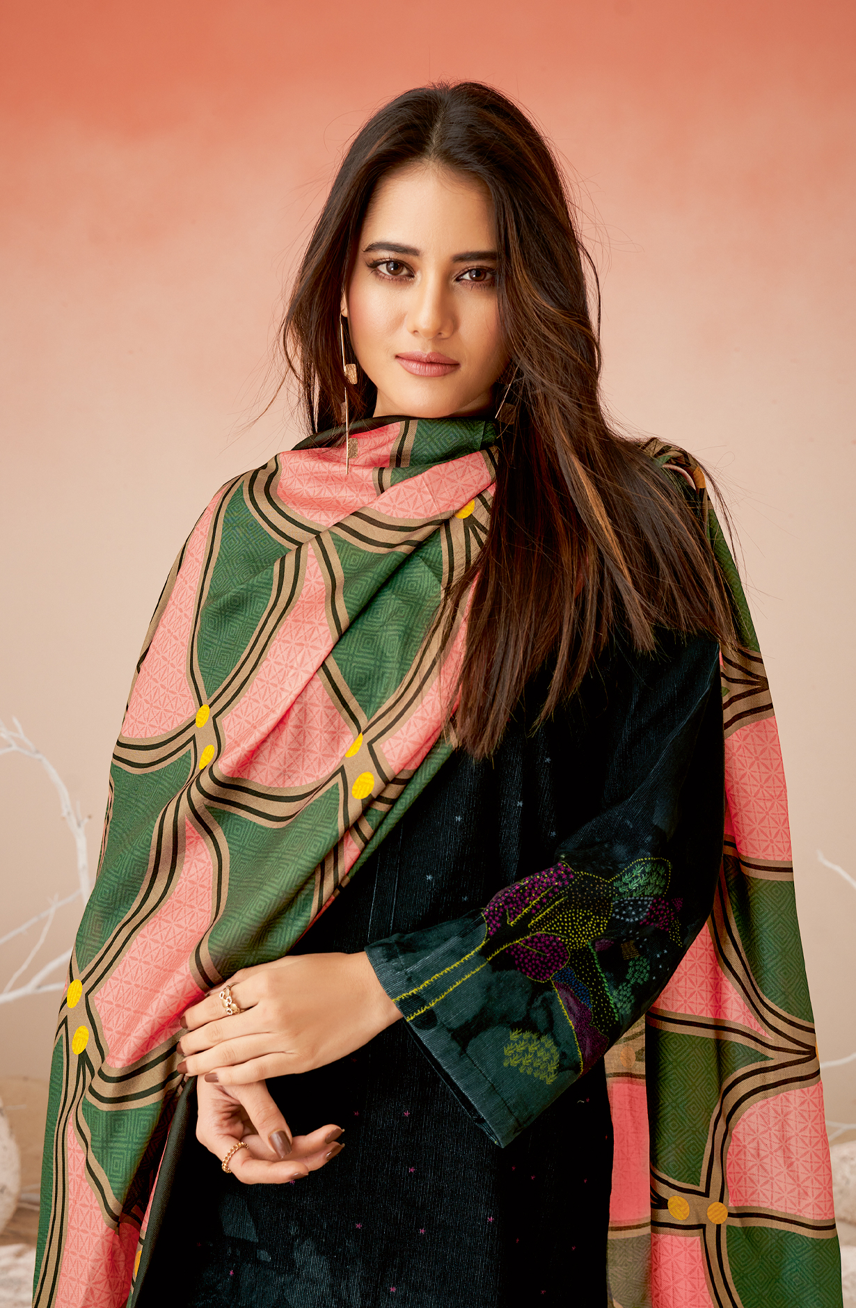 Black Cotton Corduroy Beautiful Printed Salwar Kameez - GULD678