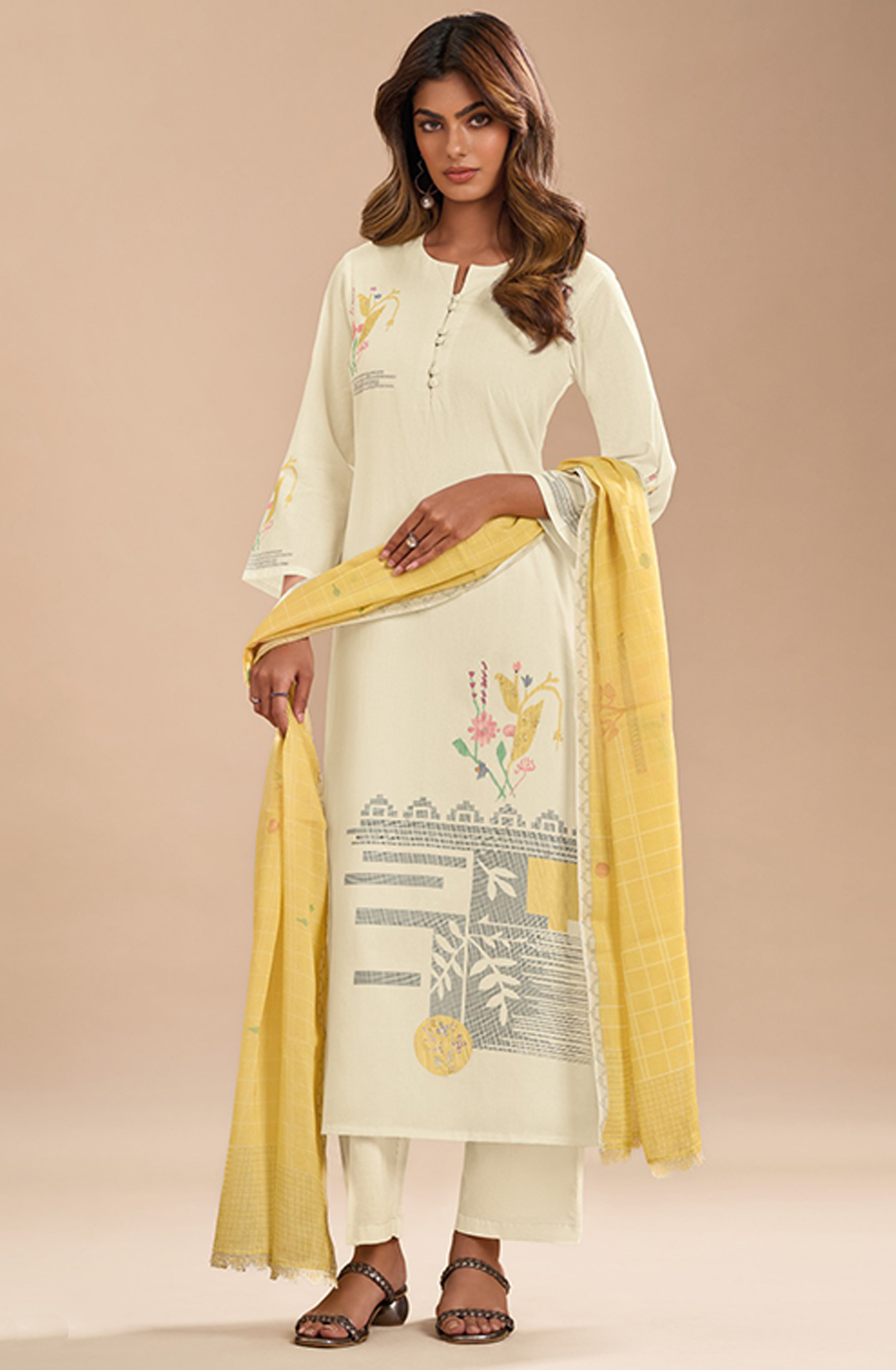 Cream Cotton Linen Beautiful Suit Set with Dupatta- GUL7551A