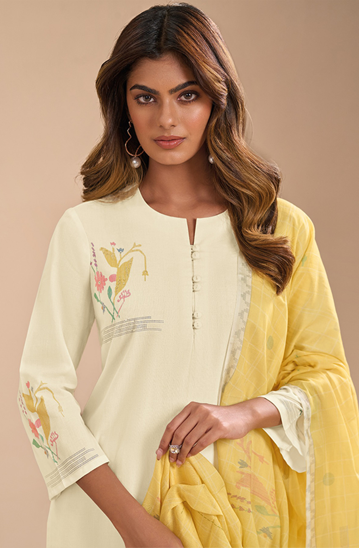 Cream Cotton Linen Beautiful Suit Set with Dupatta- GUL7551A