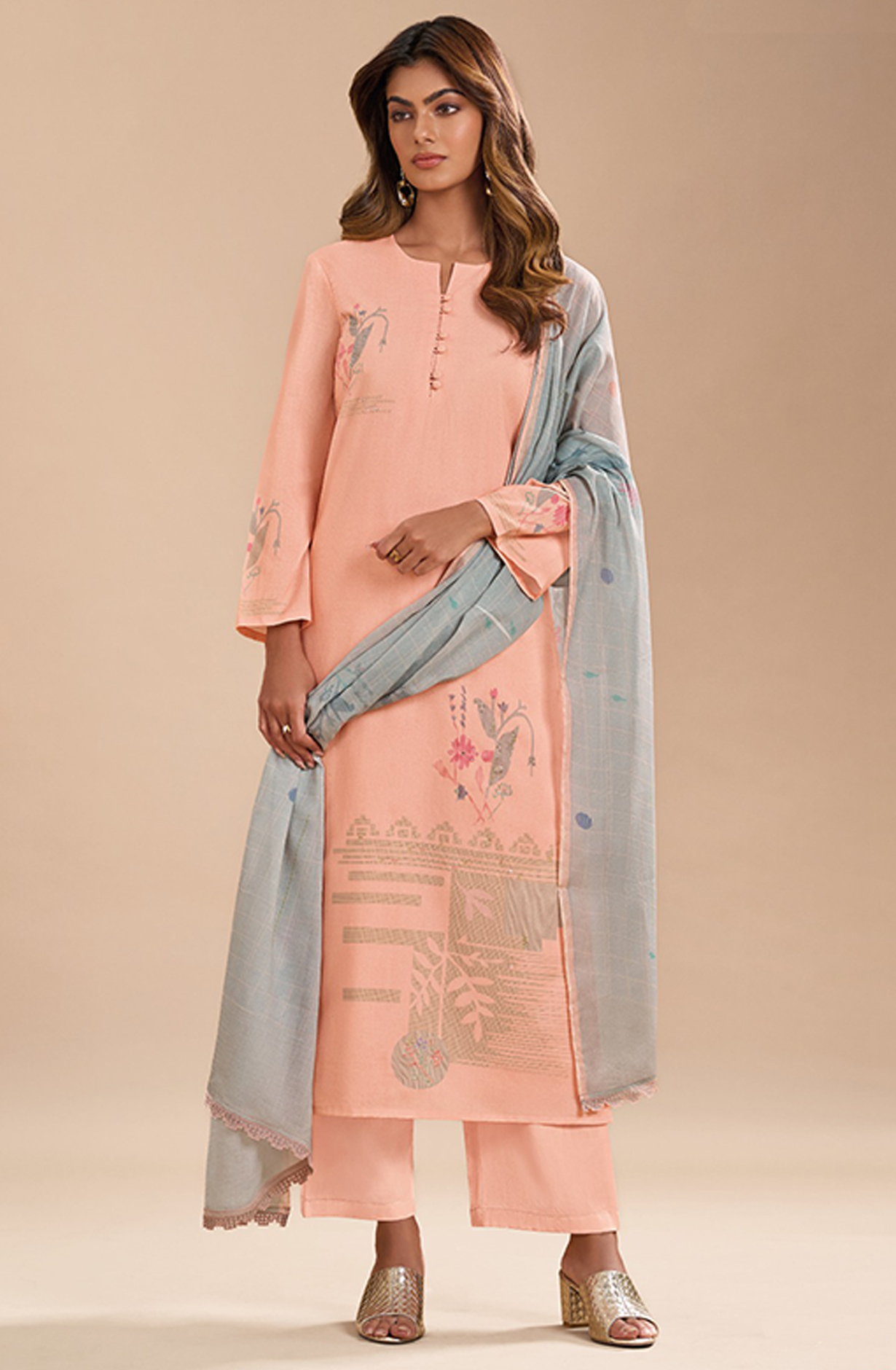 Peach Cotton Linen Beautiful Suit Set with Dupatta- GUL7551C
