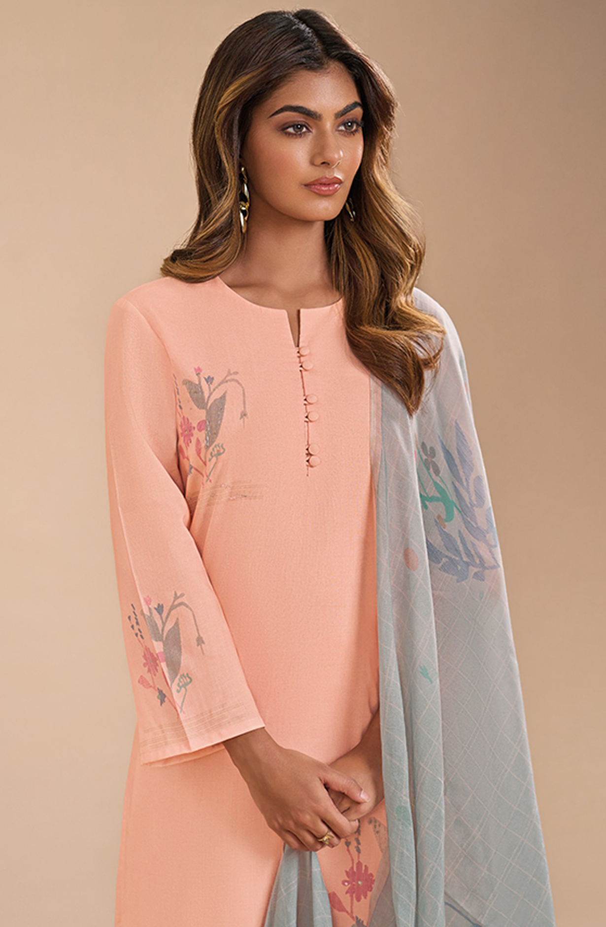 Peach Cotton Linen Beautiful Suit Set with Dupatta- GUL7551C