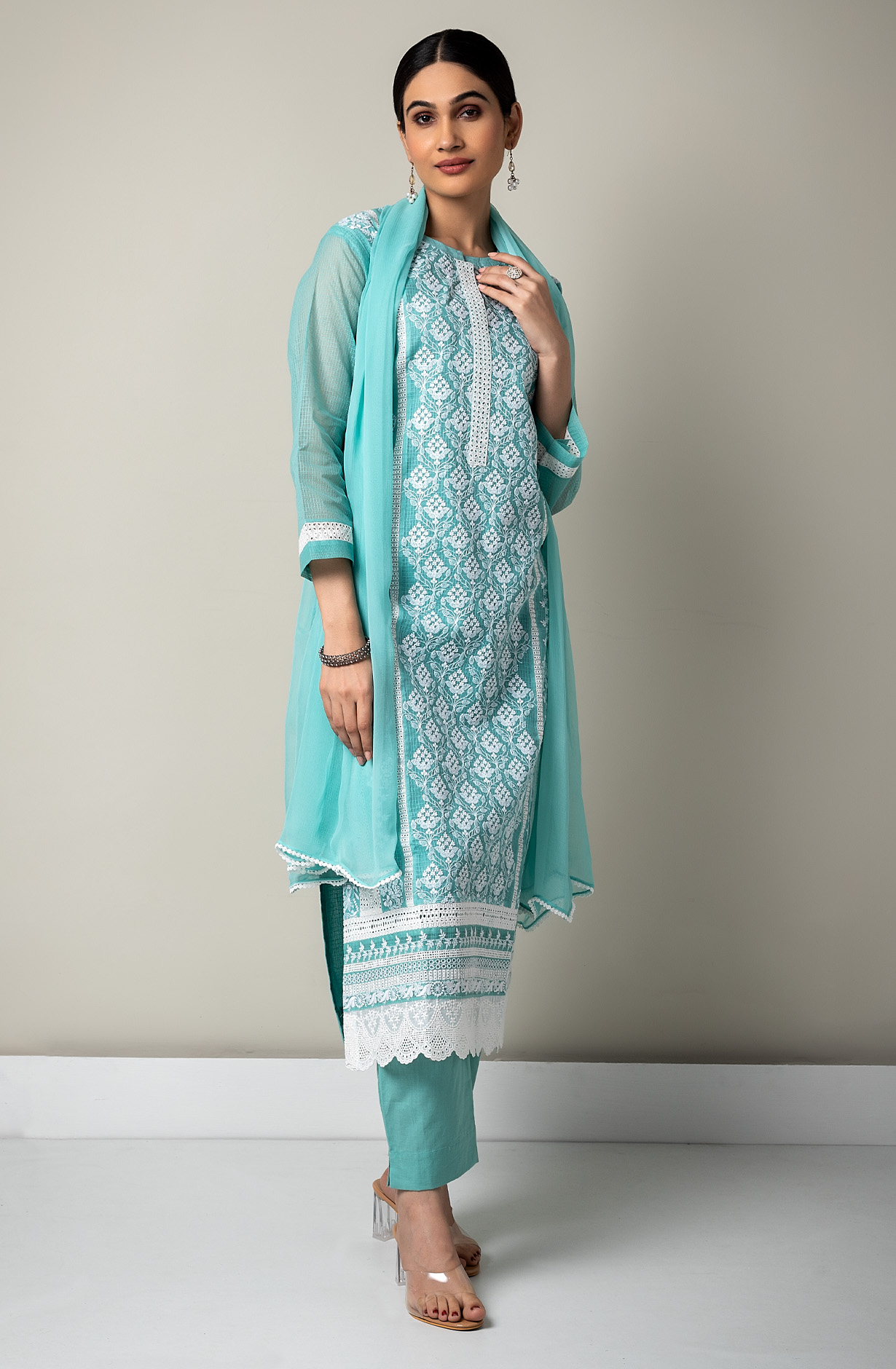 Sea Green Beautiful Embroidered Kota Suit with Chiffon Dupatta - GUN1932B