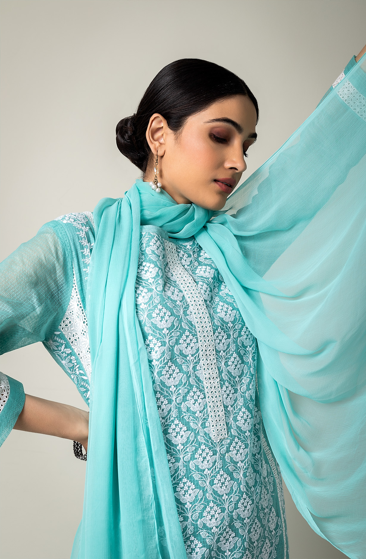 Sea Green Beautiful Embroidered Kota Suit with Chiffon Dupatta - GUN1932B