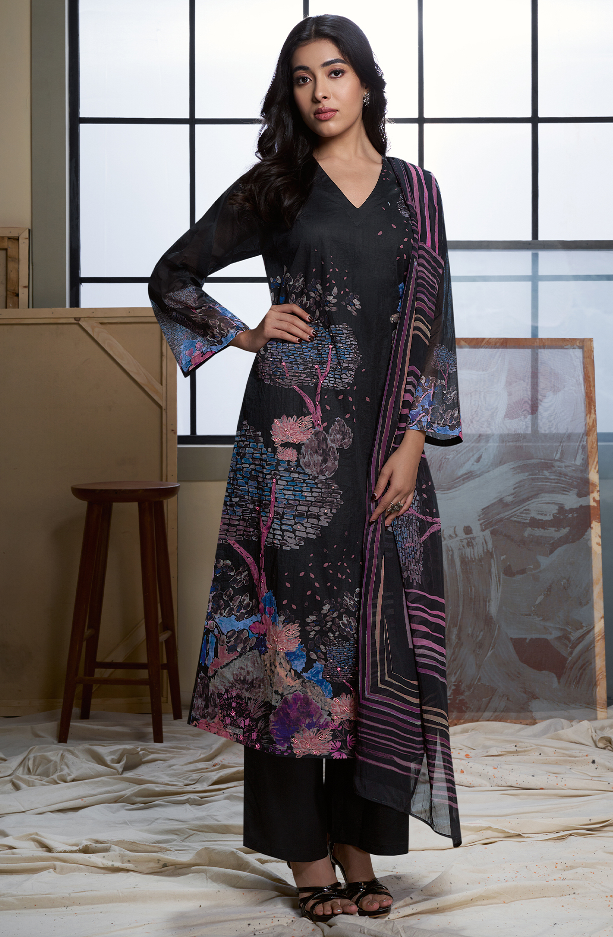 Black Cotton Digital Printed Unstitched Suit - GUN715