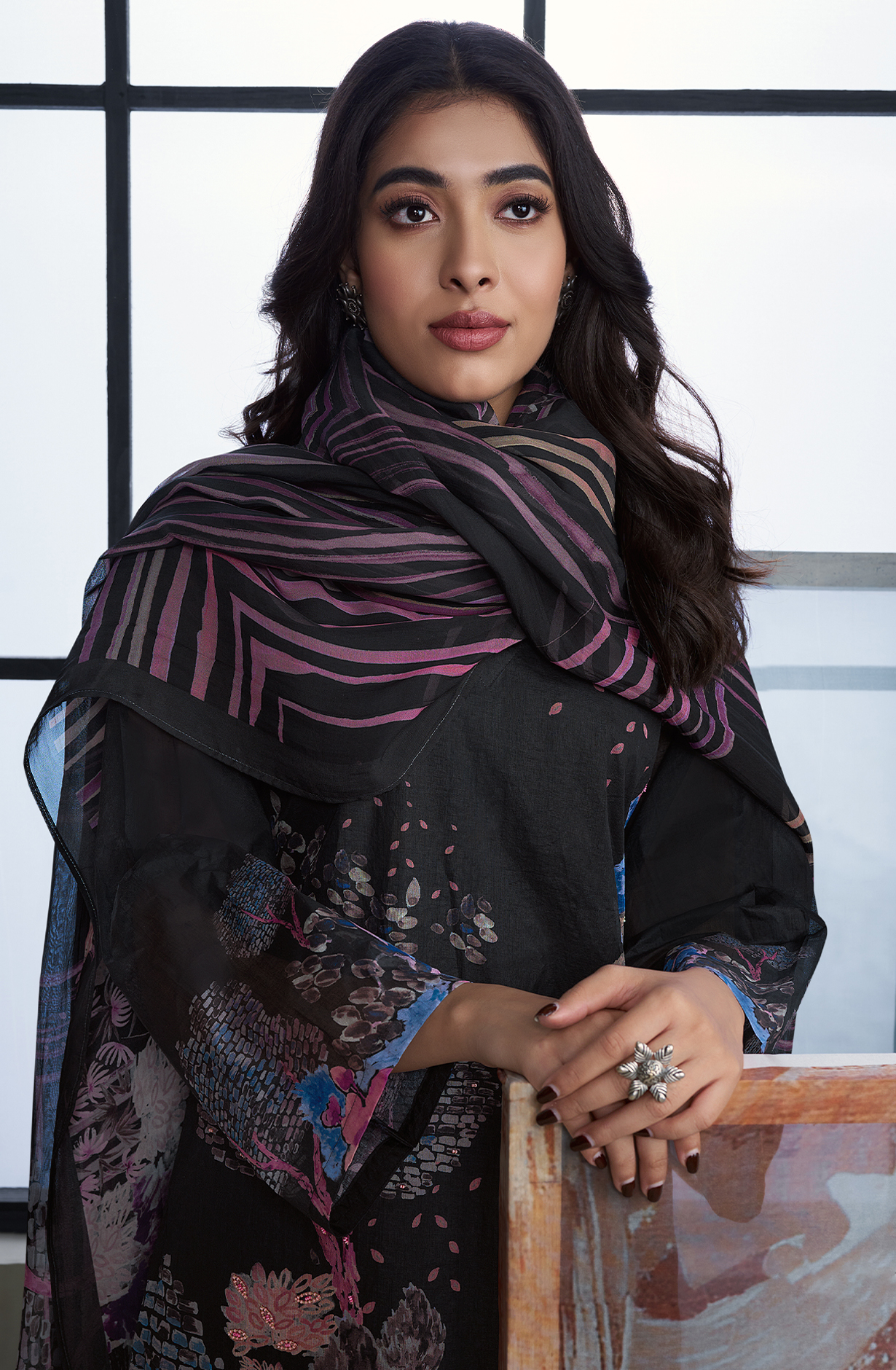 Black Cotton Digital Printed Unstitched Suit - GUN715