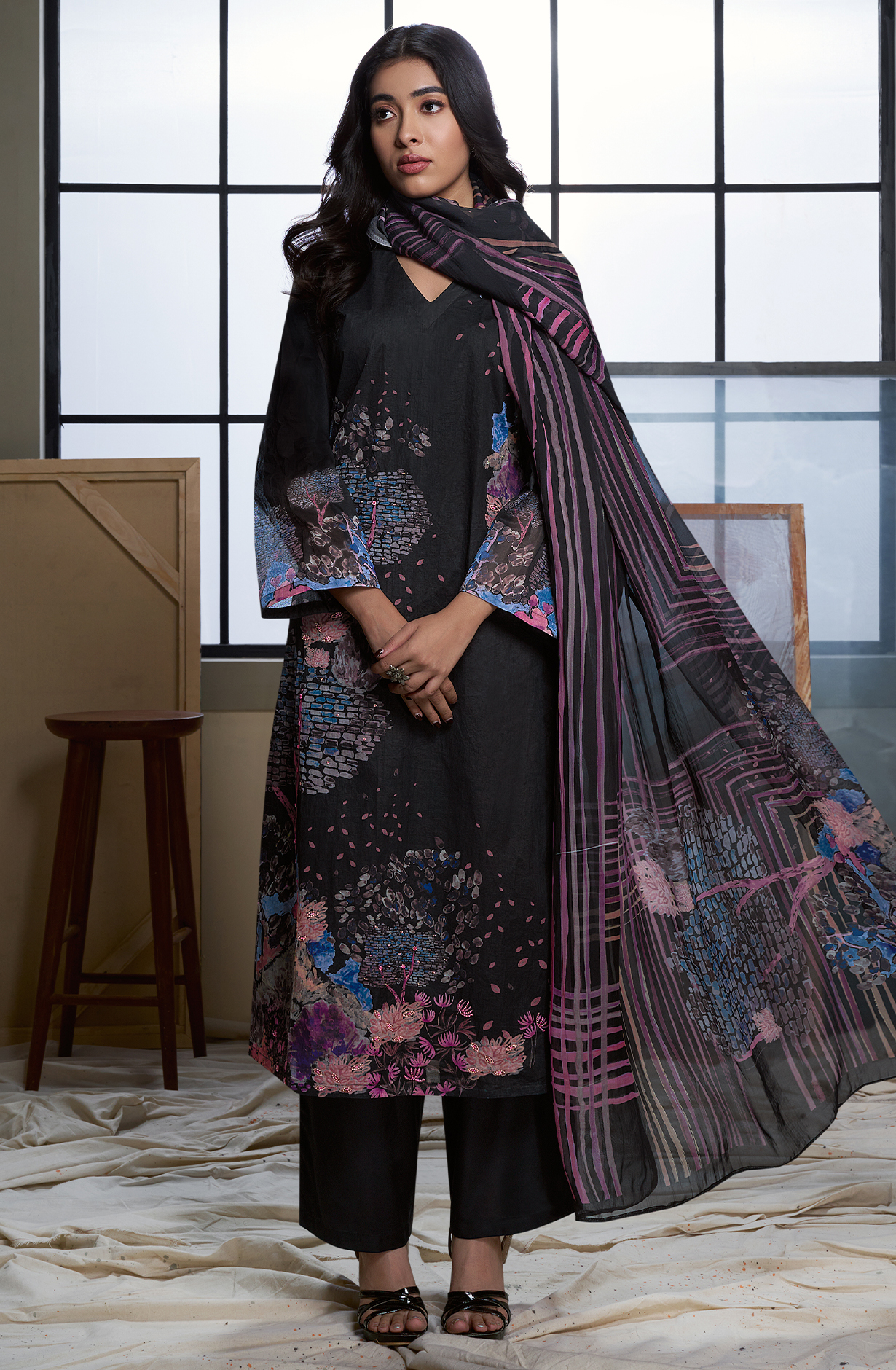 Black Cotton Digital Printed Unstitched Suit - GUN715