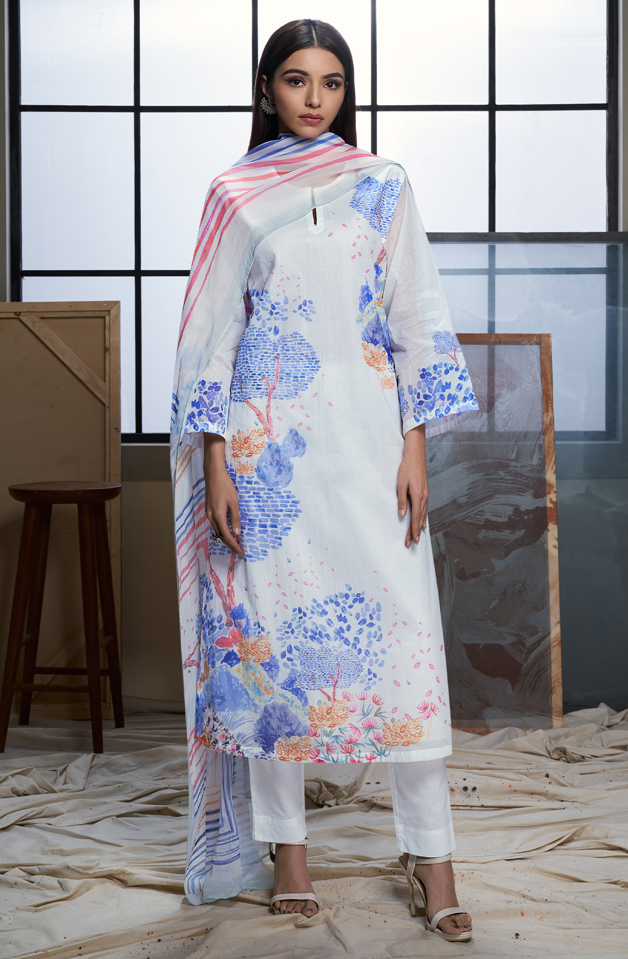 White and Indigo Blue Cotton Digital Printed Unstitched Suit - GUN756