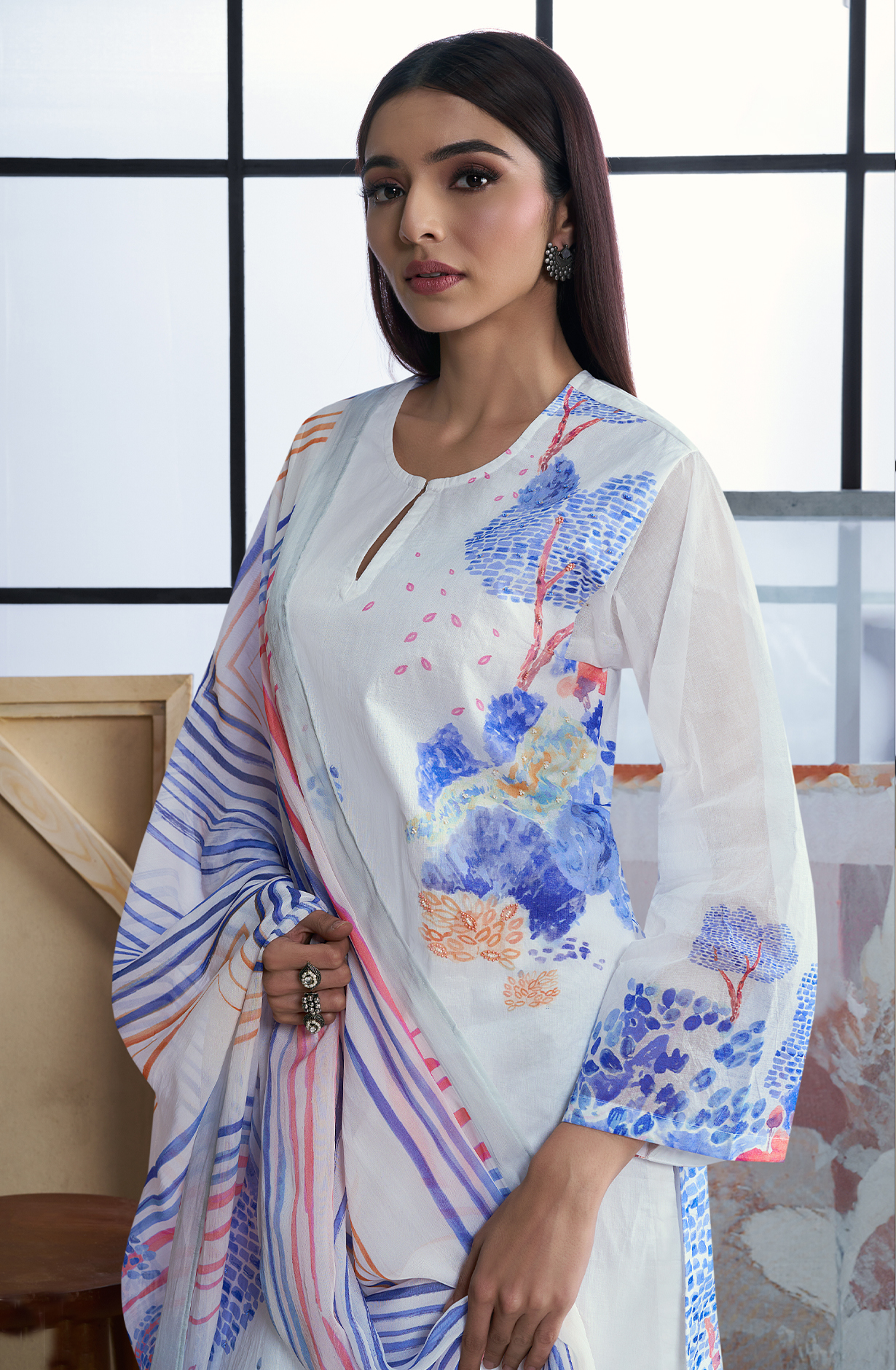 White and Indigo Blue Cotton Digital Printed Unstitched Suit - GUN756
