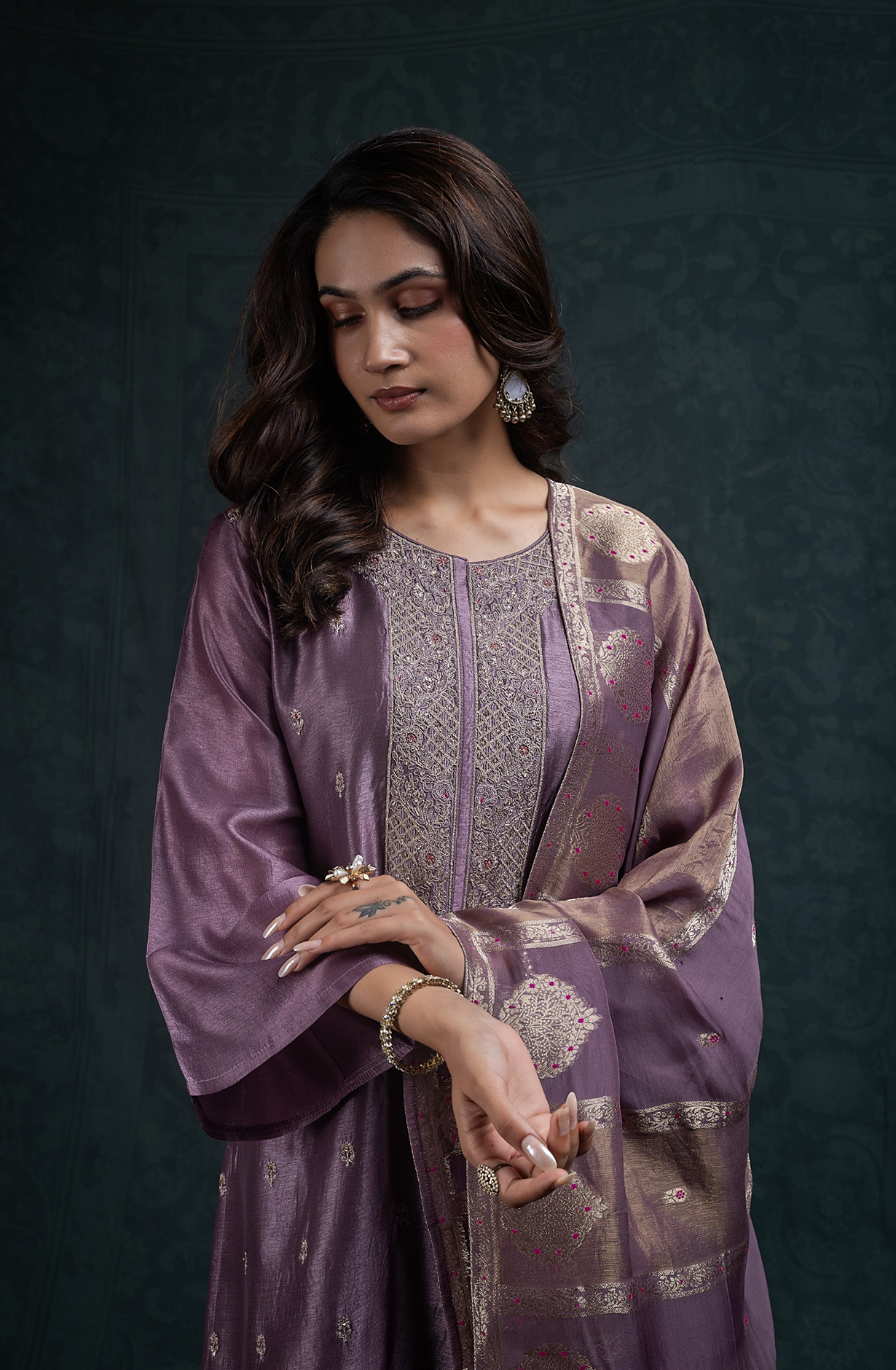 Mauve Fine Silk Unstitched Suit with Beautiful Dupatta- R157-SPR2789