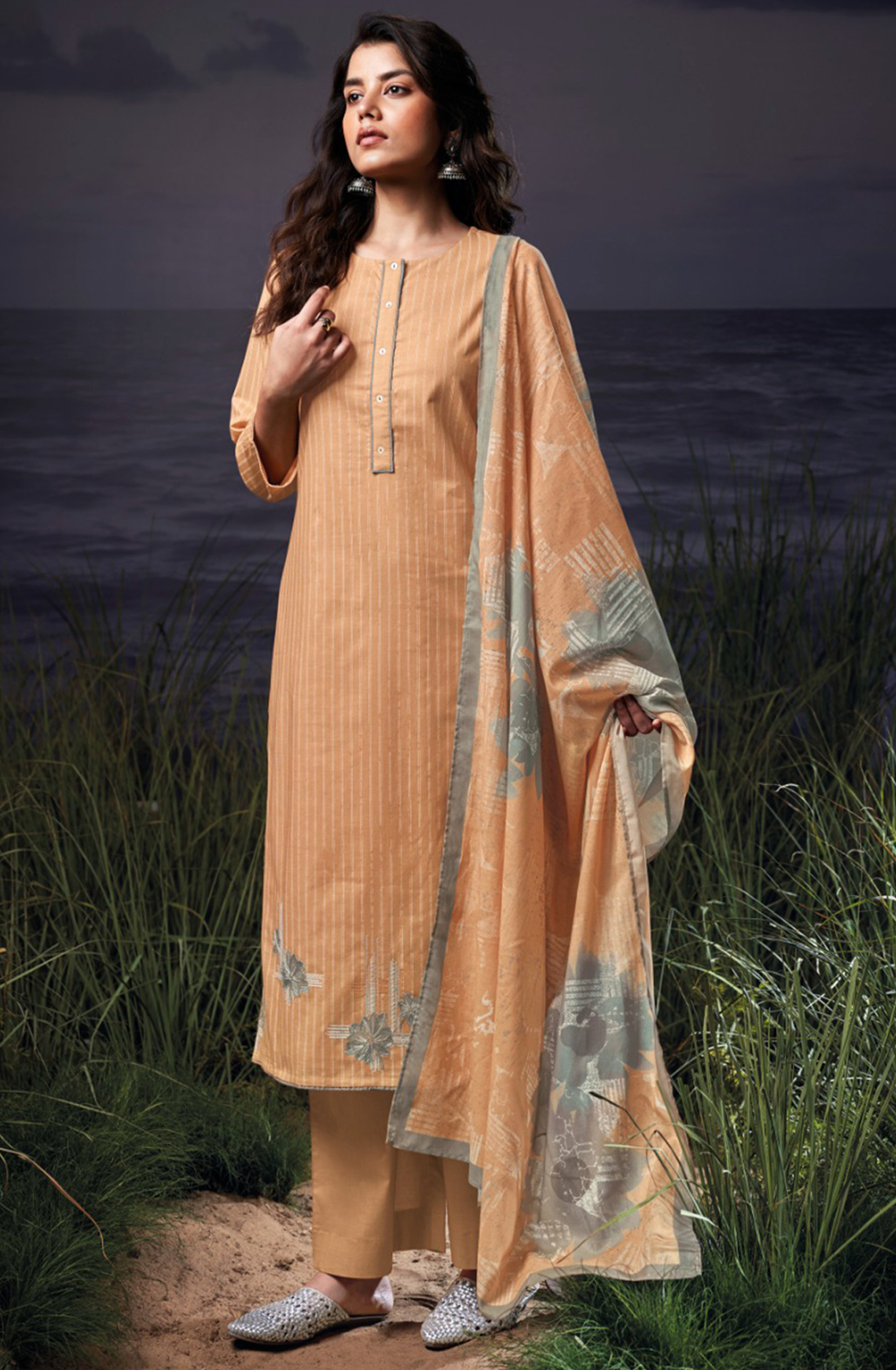 Orange Cotton Printed Suit Set with Dupatta- HADS3568B