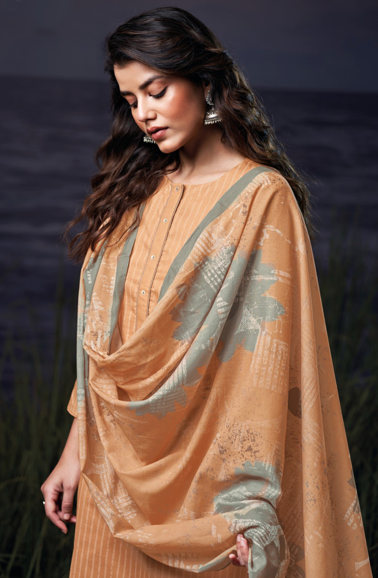 Orange Cotton Printed Suit Set with Dupatta- HADS3568B