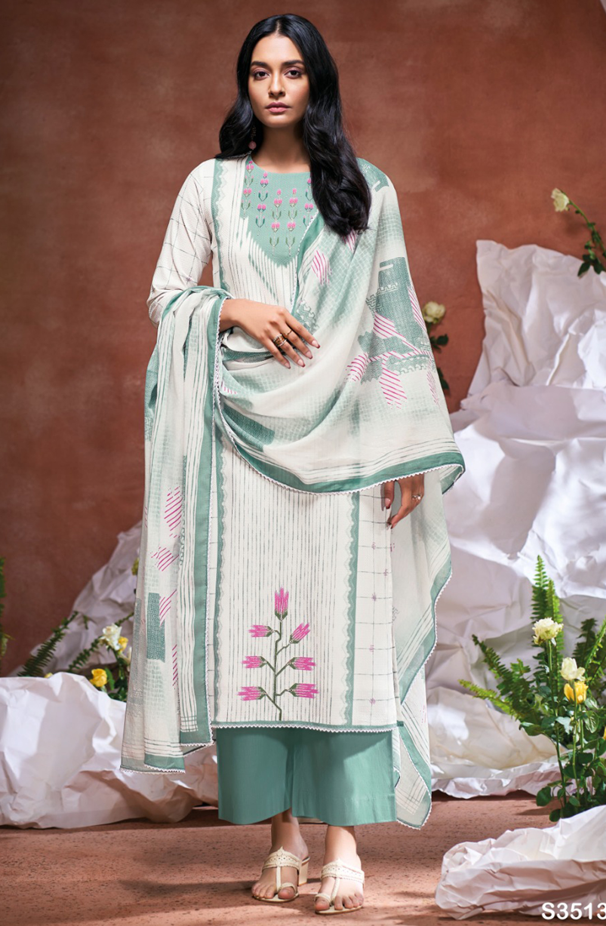 Firozi Cotton Suit Set with Printed Dupatta- HAIS3513A