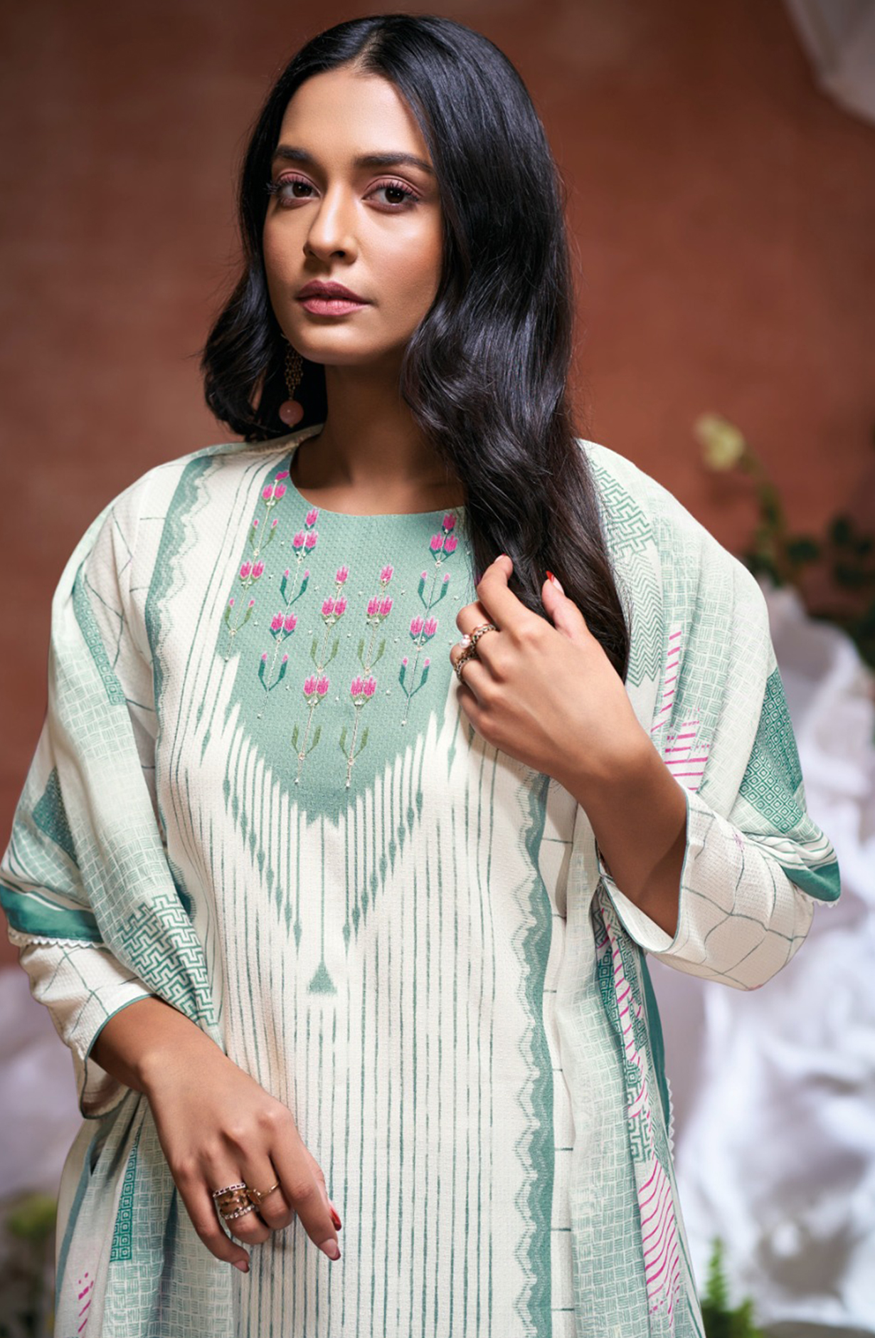 Firozi Cotton Suit Set with Printed Dupatta- HAIS3513A