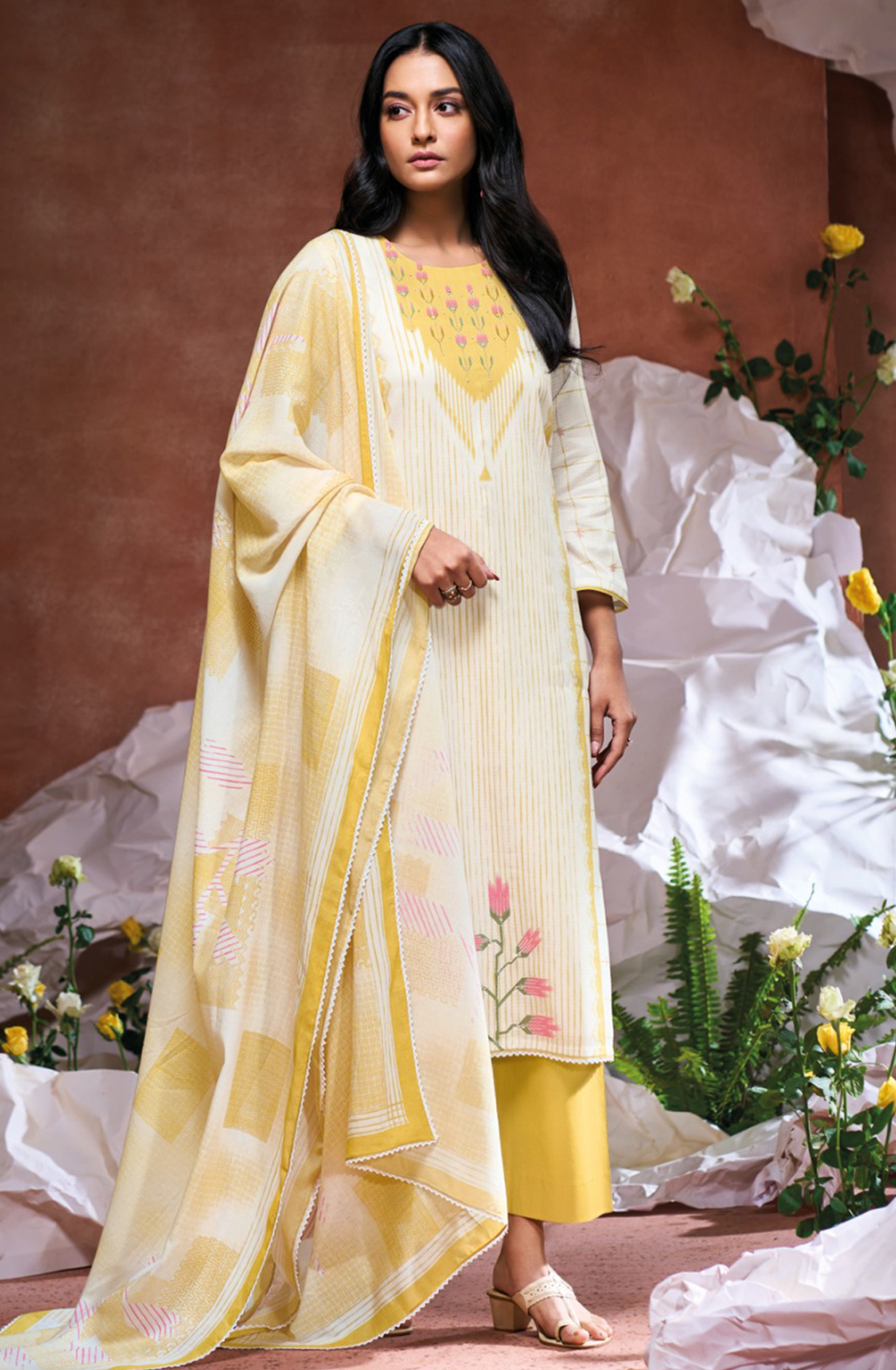 Yellow Cotton Suit Set with Printed Dupatta- HAIS3513B
