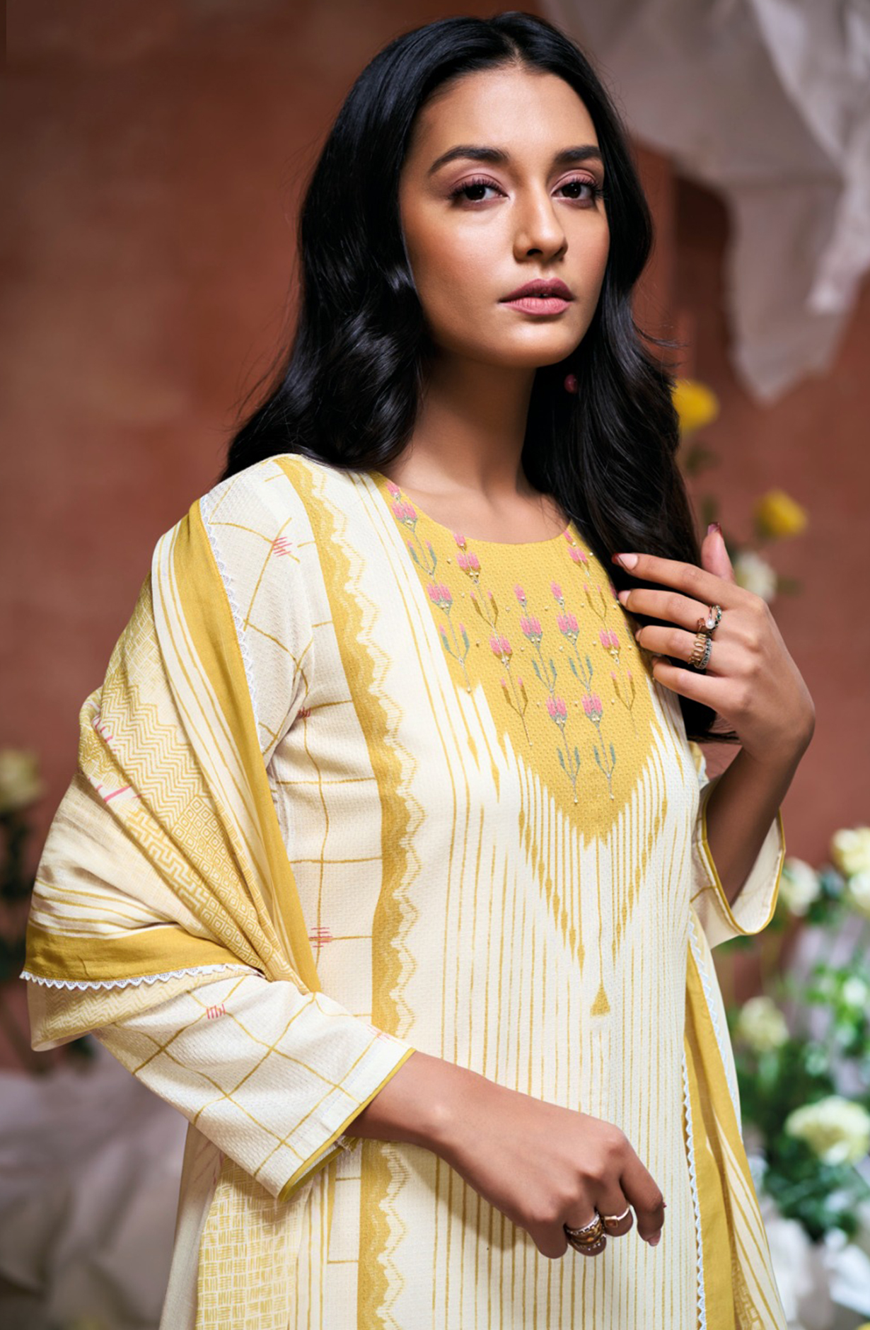 Yellow Cotton Suit Set with Printed Dupatta- HAIS3513B