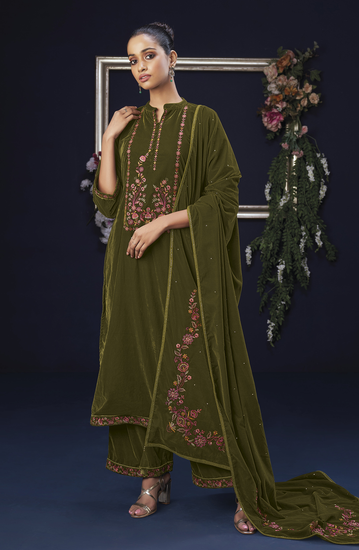 Mehndi Green Designer Embroidered Velvet Salwar Kameez - HALS1965A