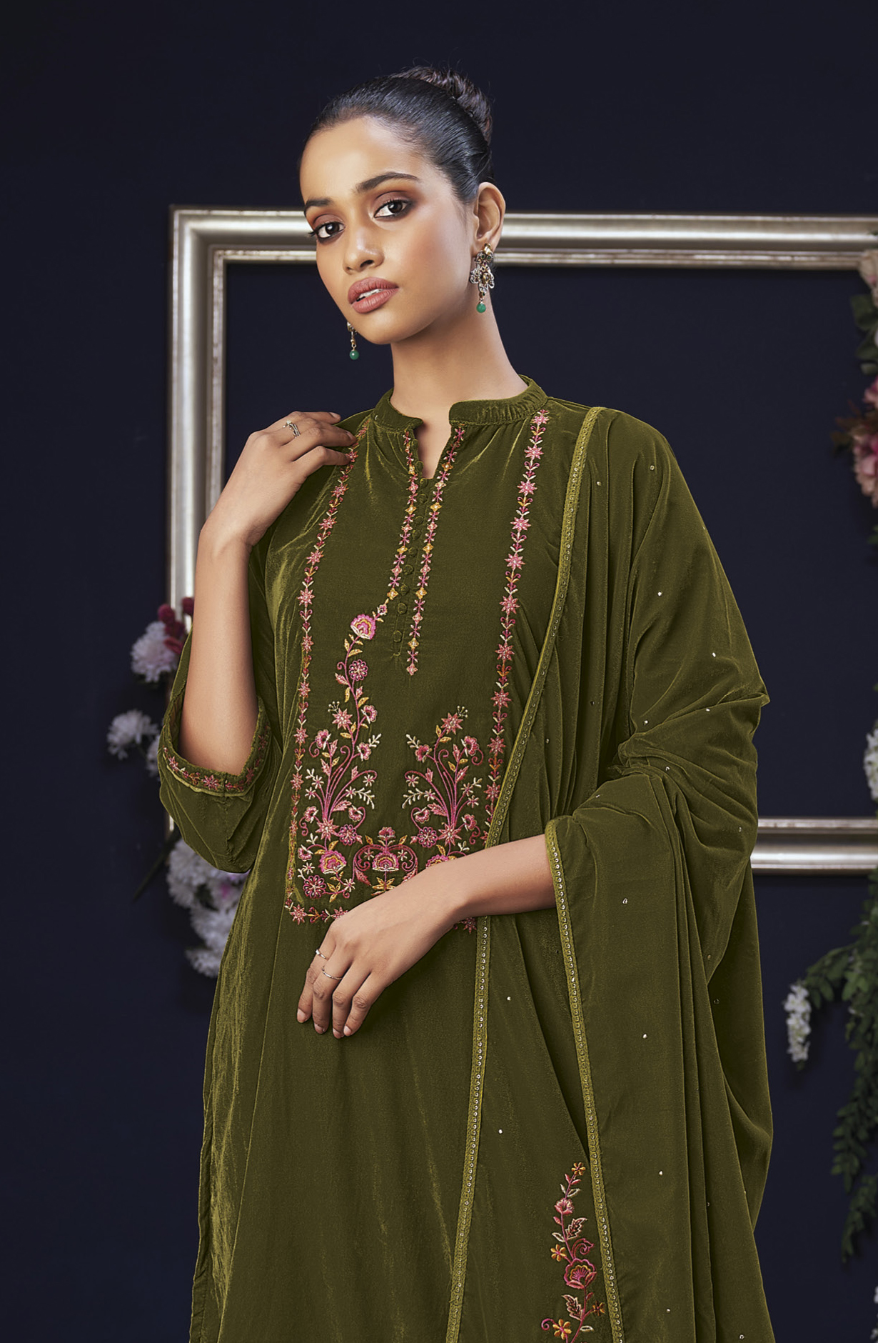 Mehndi Green Designer Embroidered Velvet Salwar Kameez - HALS1965A