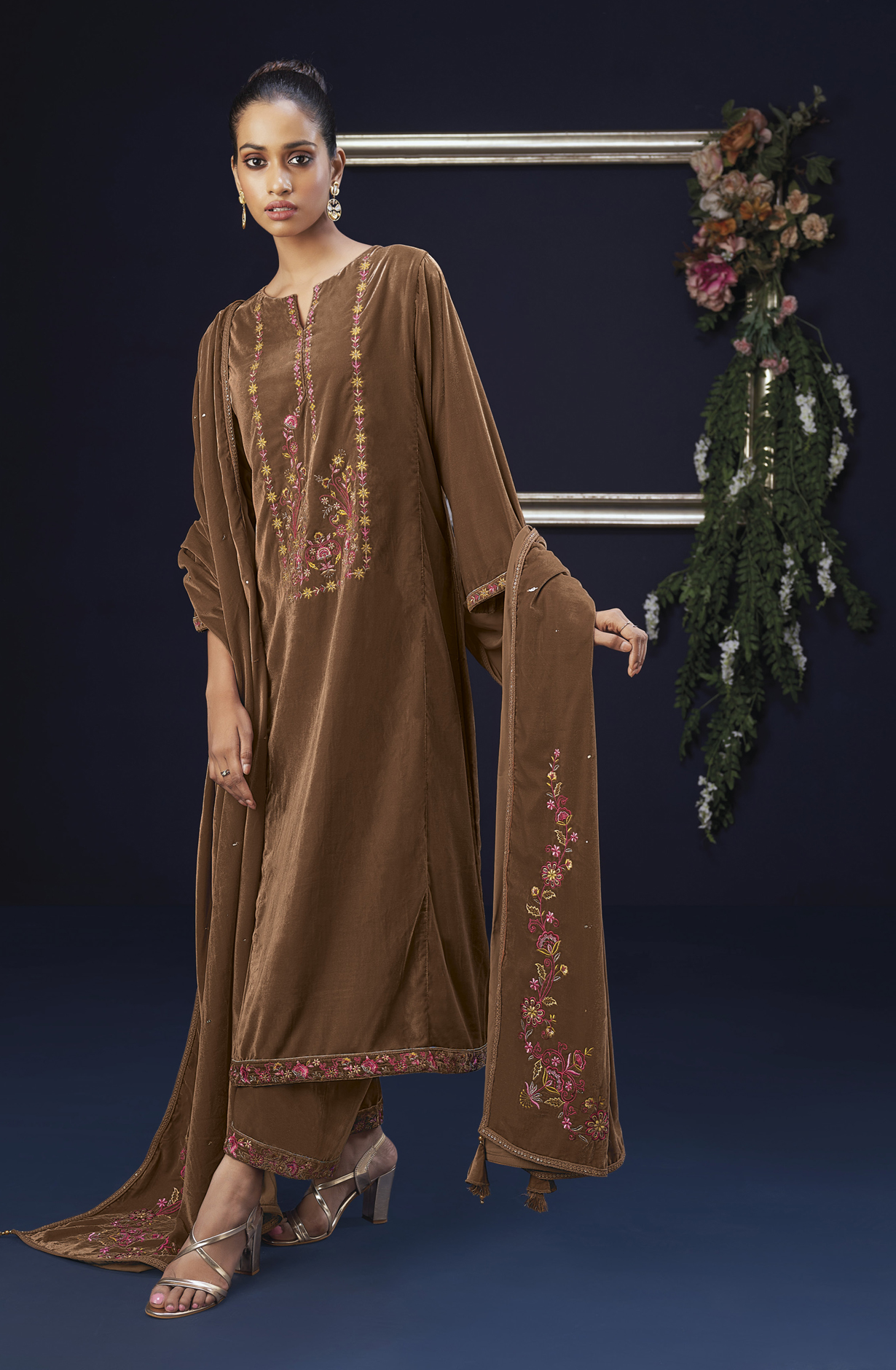 Brown Designer Embroidered Velvet Salwar Kameez - HALS1965B