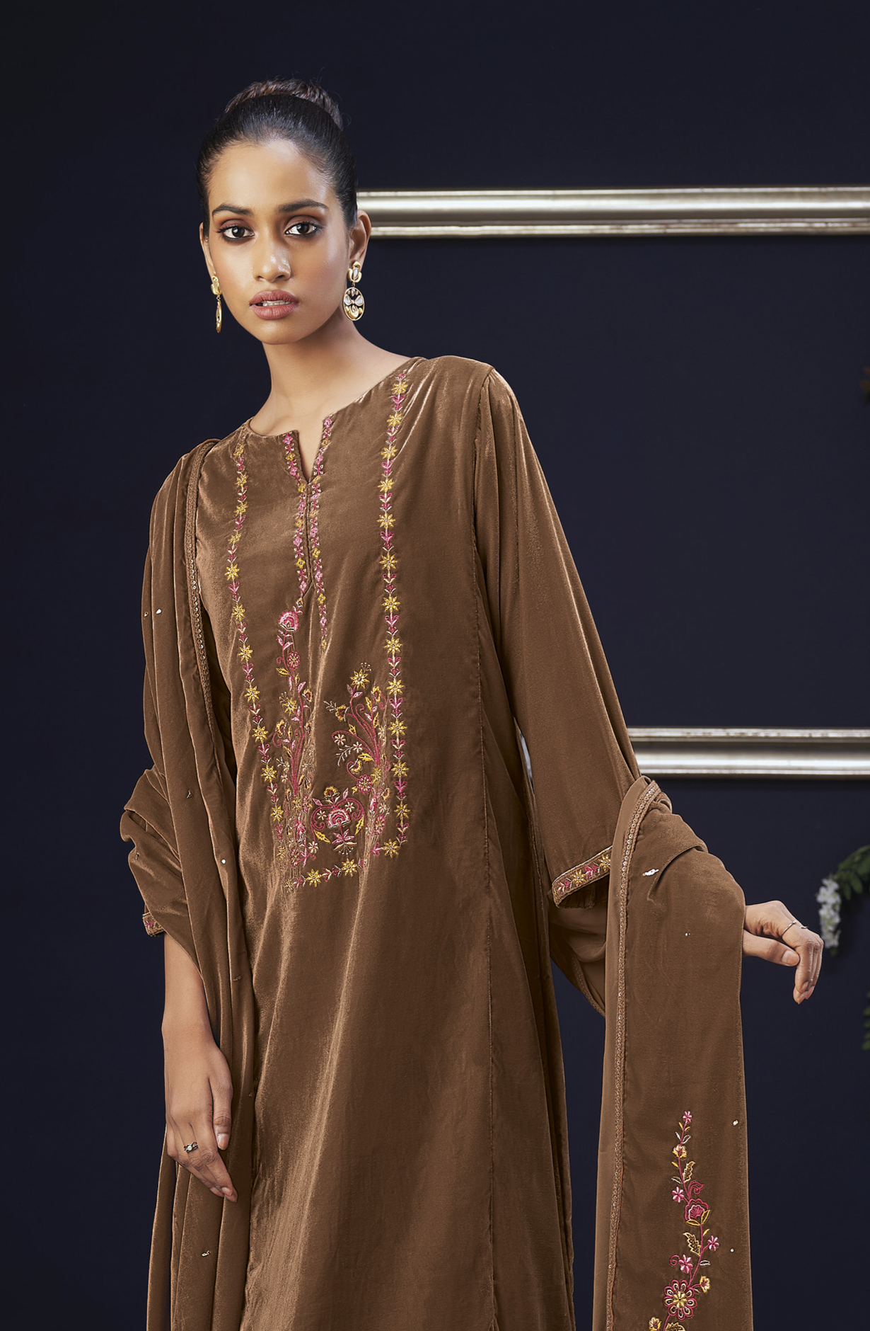 Brown Designer Embroidered Velvet Salwar Kameez - HALS1965B